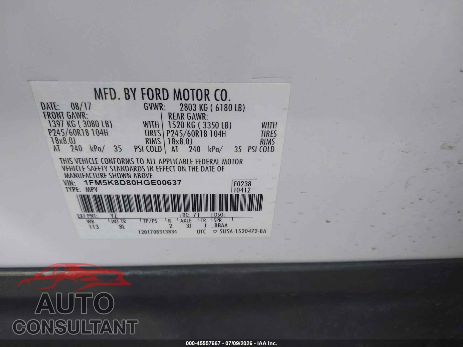 FORD EXPLORER 2017 - 1FM5K8D80HGE00637
