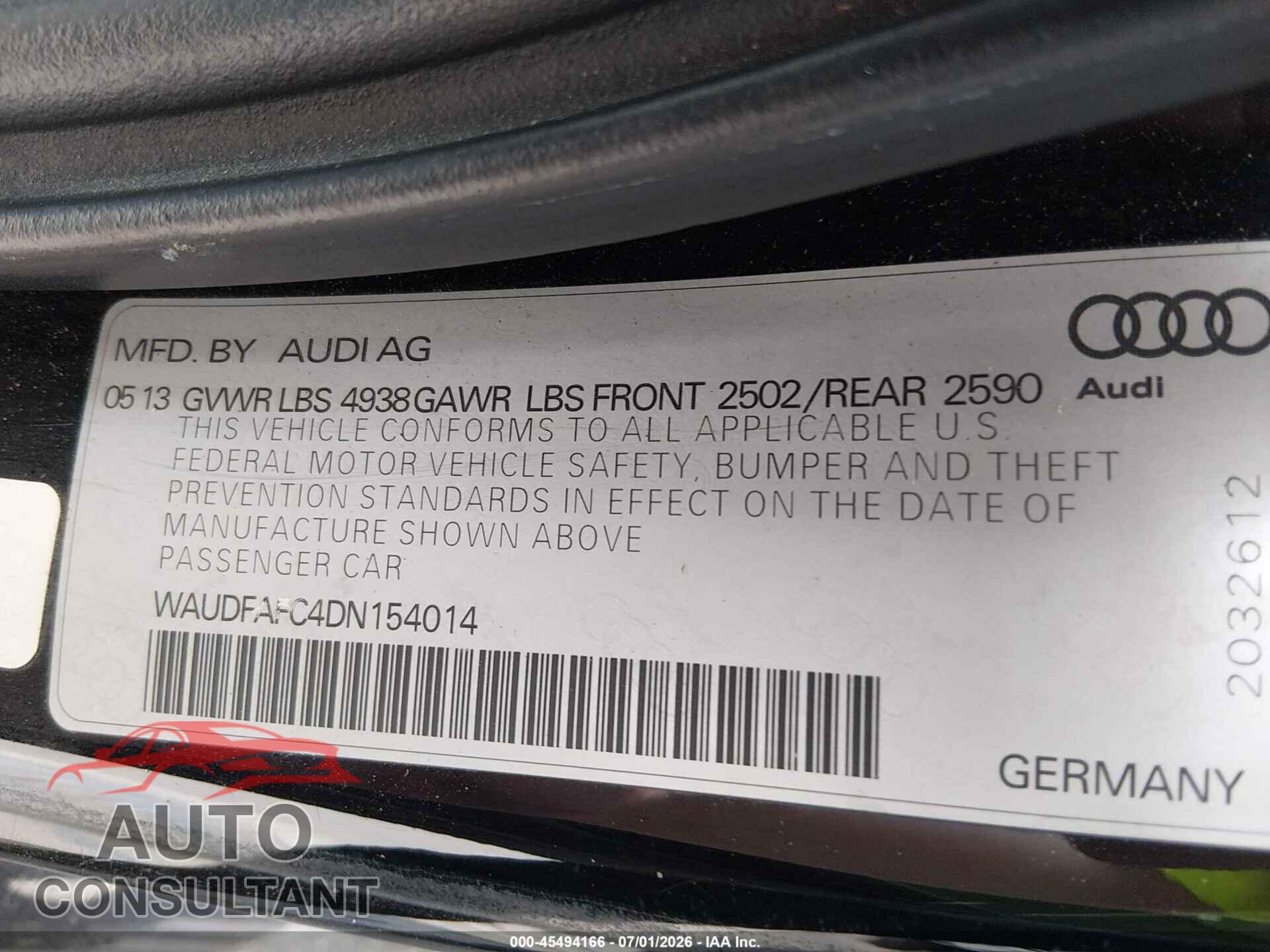 AUDI A6 2013 - WAUDFAFC4DN154014