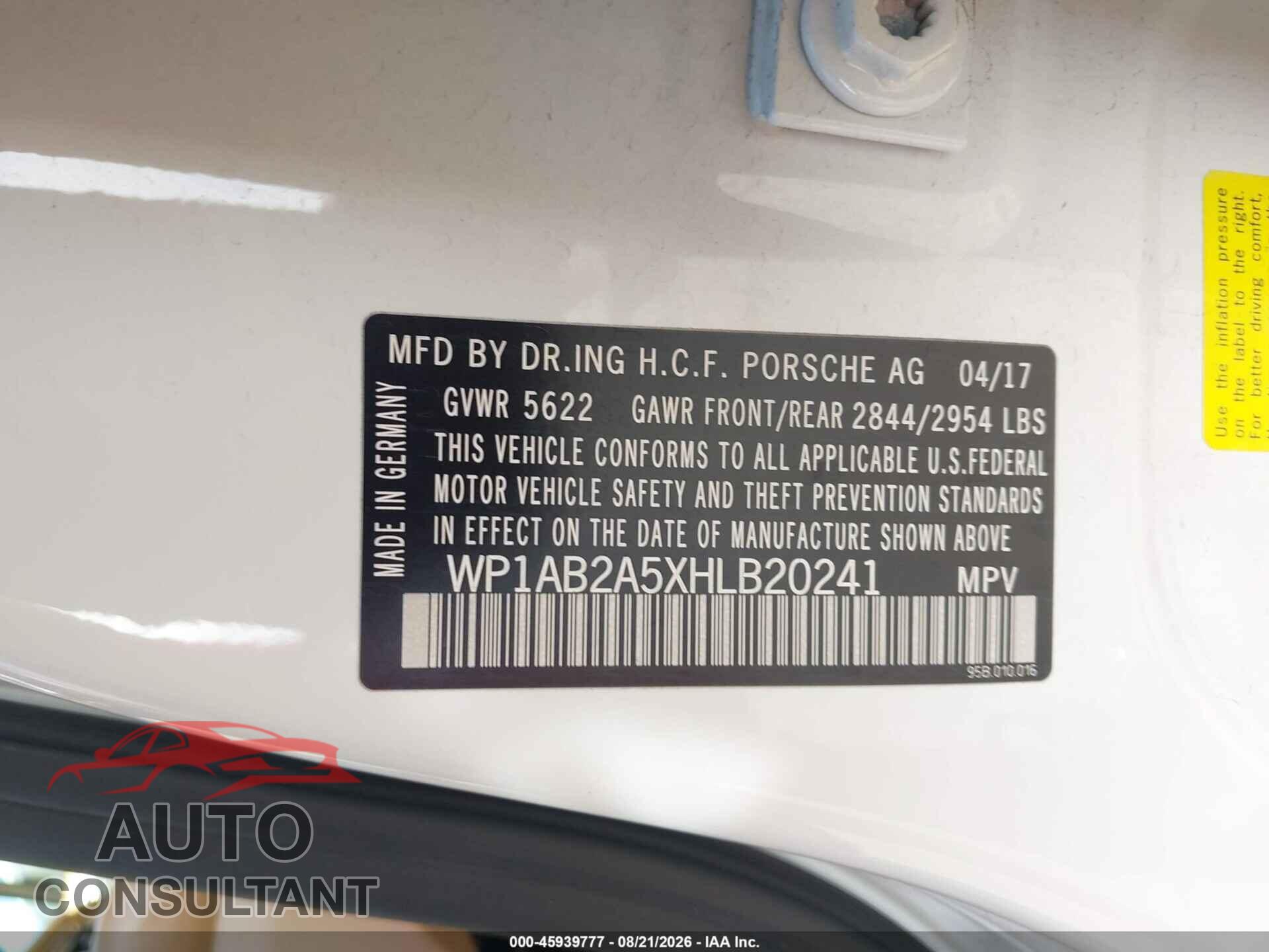 PORSCHE MACAN 2017 - WP1AB2A5XHLB20241