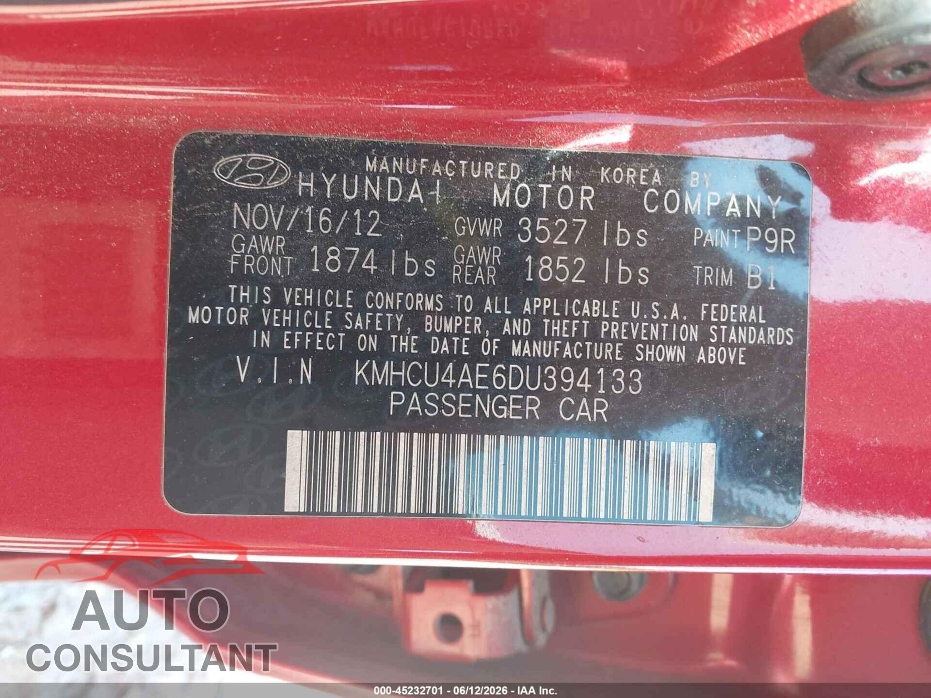 HYUNDAI ACCENT 2013 - KMHCU4AE6DU394133