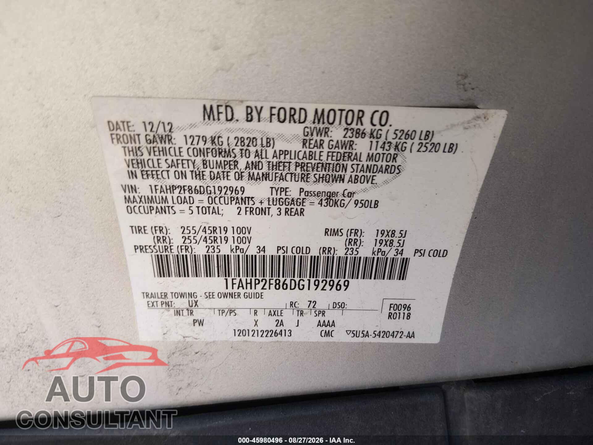 FORD TAURUS 2013 - 1FAHP2F86DG192969