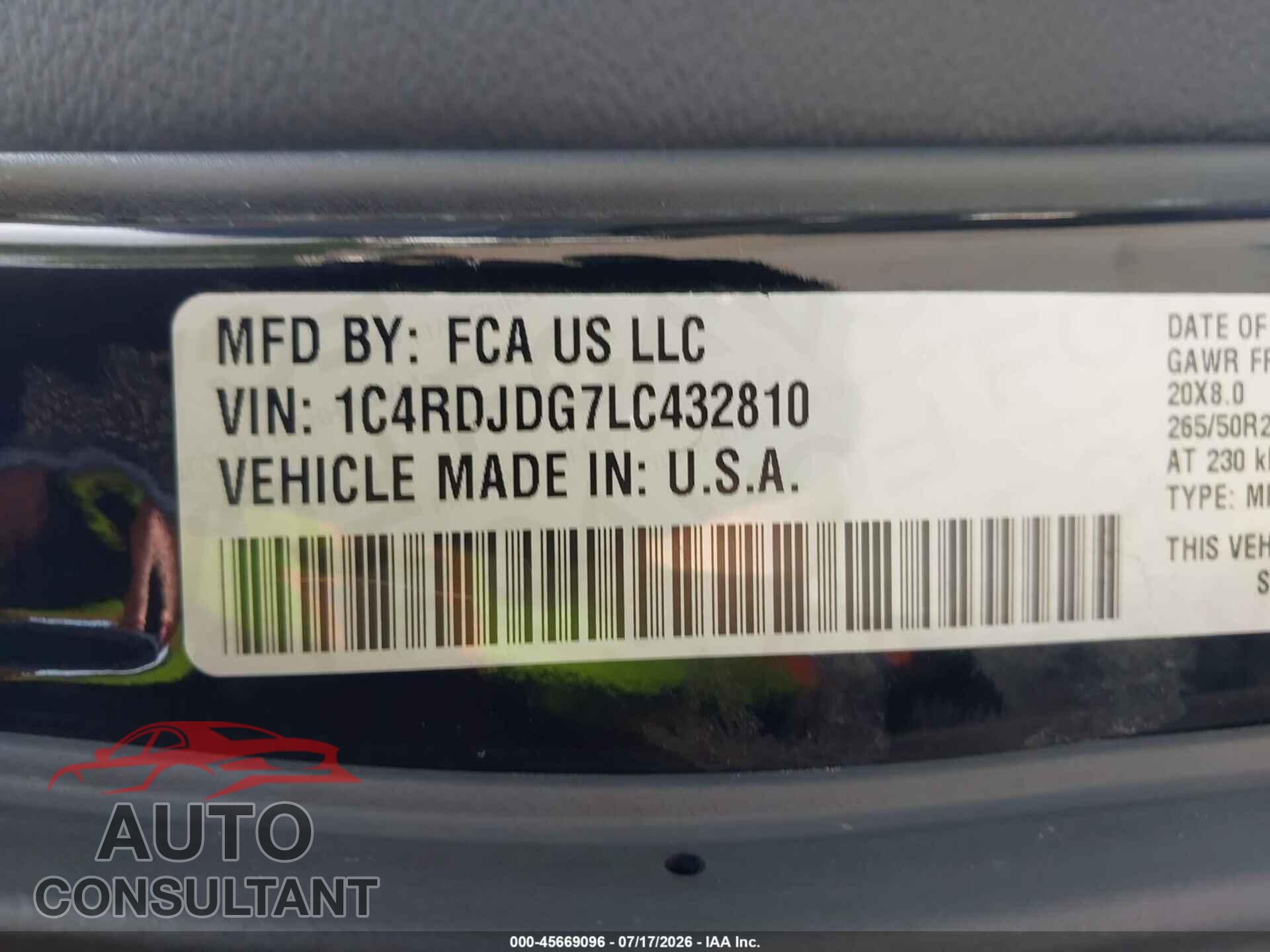 DODGE DURANGO 2020 - 1C4RDJDG7LC432810