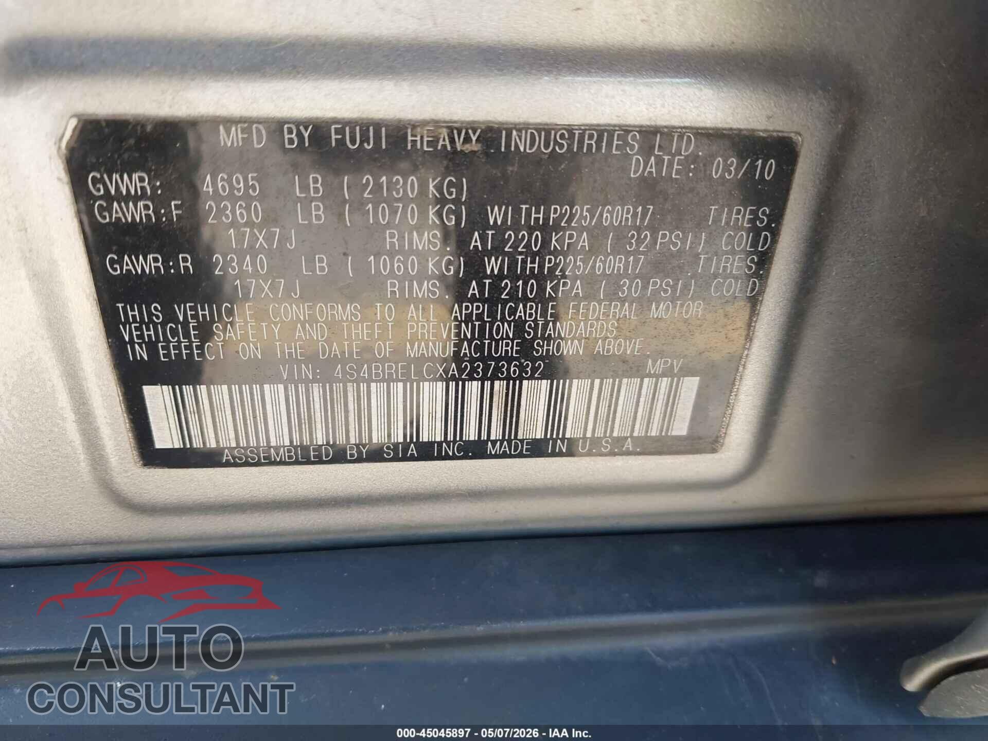 SUBARU OUTBACK 2010 - 4S4BRELCXA2373632
