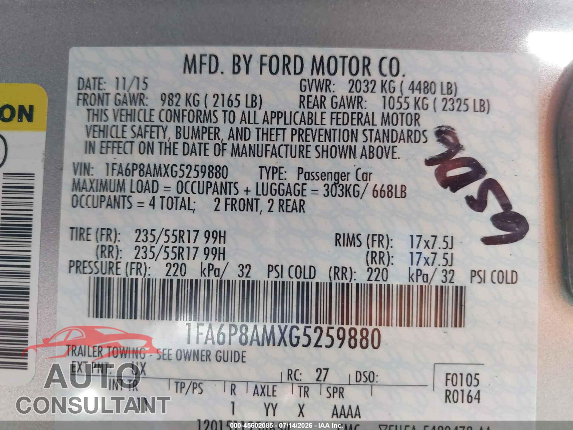 FORD MUSTANG 2016 - 1FA6P8AMXG5259880
