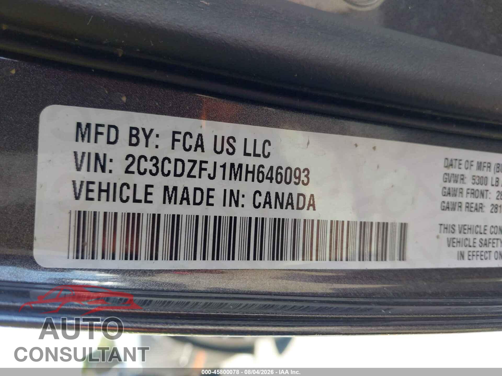 DODGE CHALLENGER 2021 - 2C3CDZFJ1MH646093