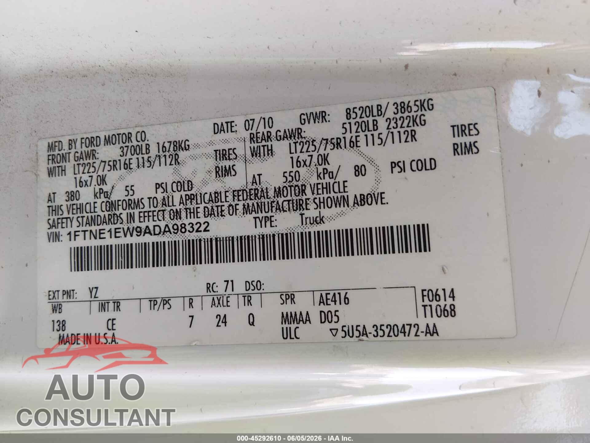 FORD E-150 2010 - 1FTNE1EW9ADA98322