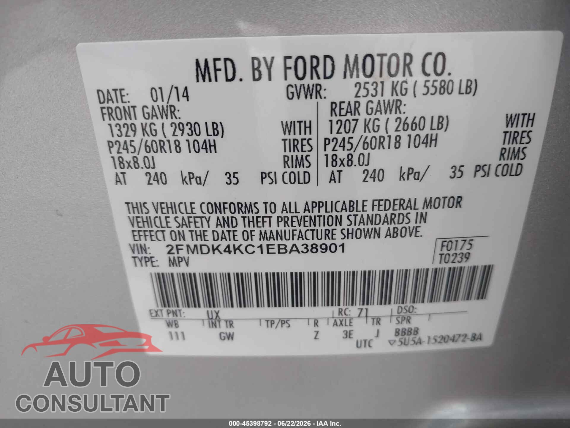 FORD EDGE 2014 - 2FMDK4KC1EBA38901