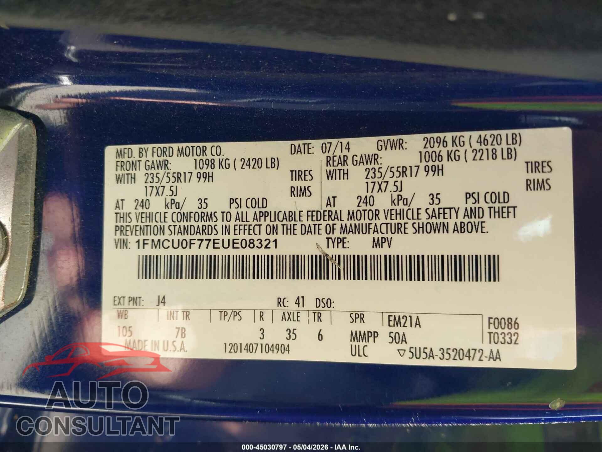 FORD ESCAPE 2014 - 1FMCU0F77EUE08321