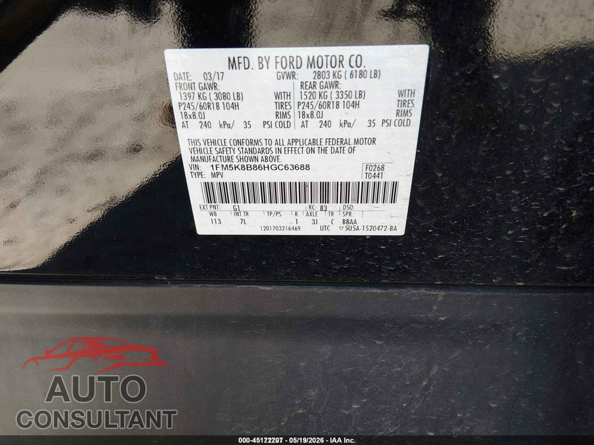 FORD EXPLORER 2017 - 1FM5K8B86HGC63688
