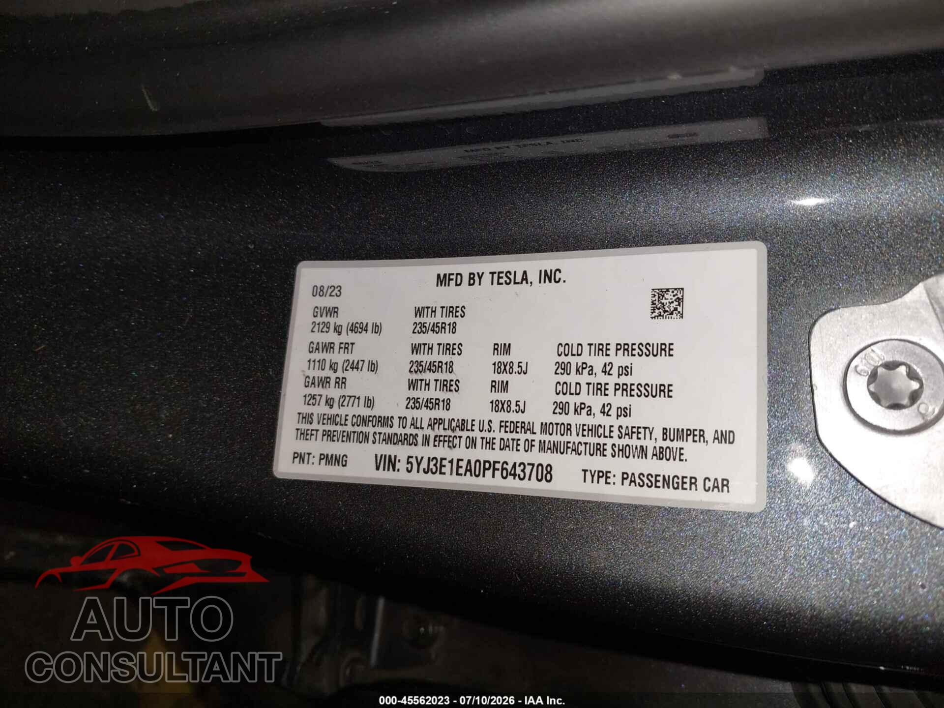 TESLA MODEL 3 2023 - 5YJ3E1EA0PF643708