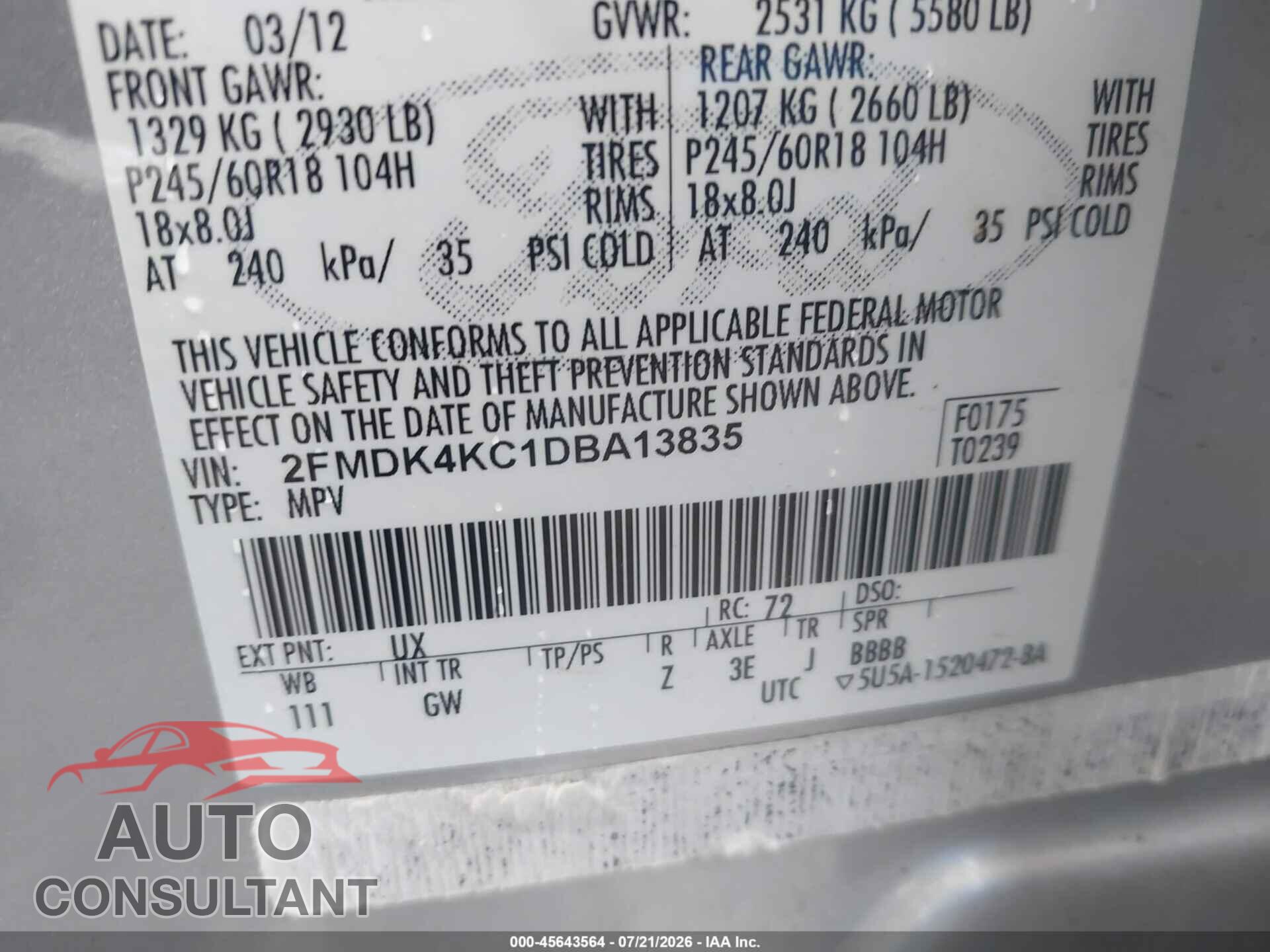 FORD EDGE 2013 - 2FMDK4KC1DBA13835