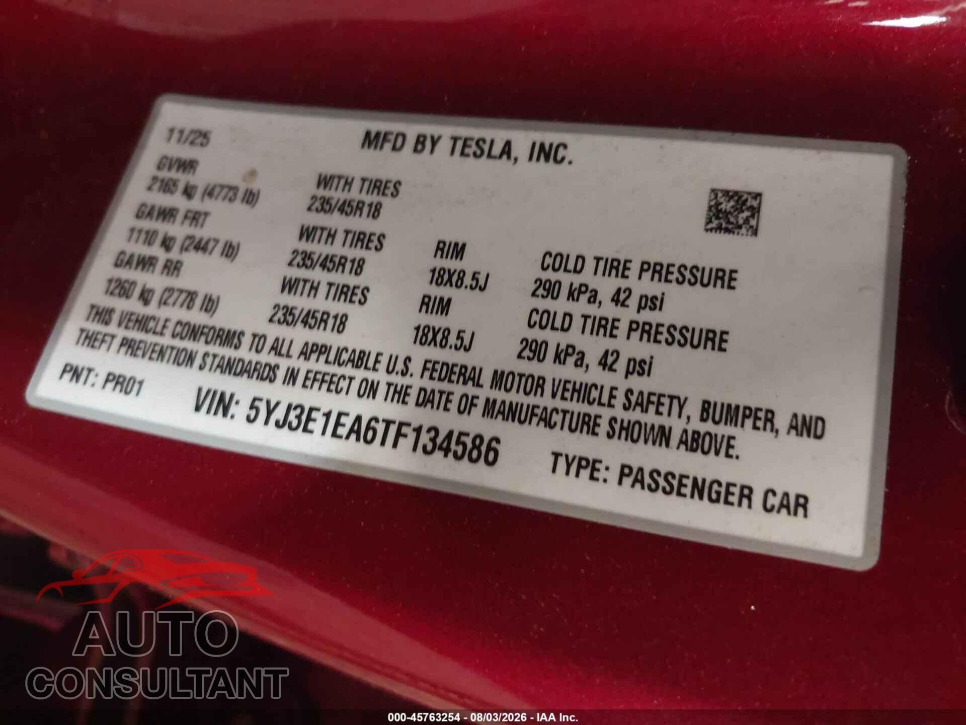 TESLA MODEL 3 2026 - 5YJ3E1EA6TF134586
