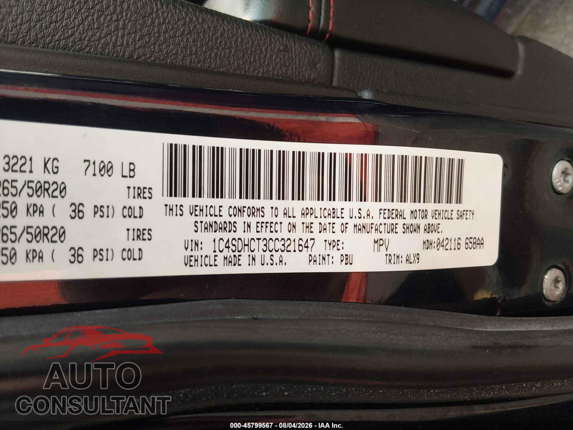 DODGE DURANGO 2012 - 1C4SDHCT3CC321647