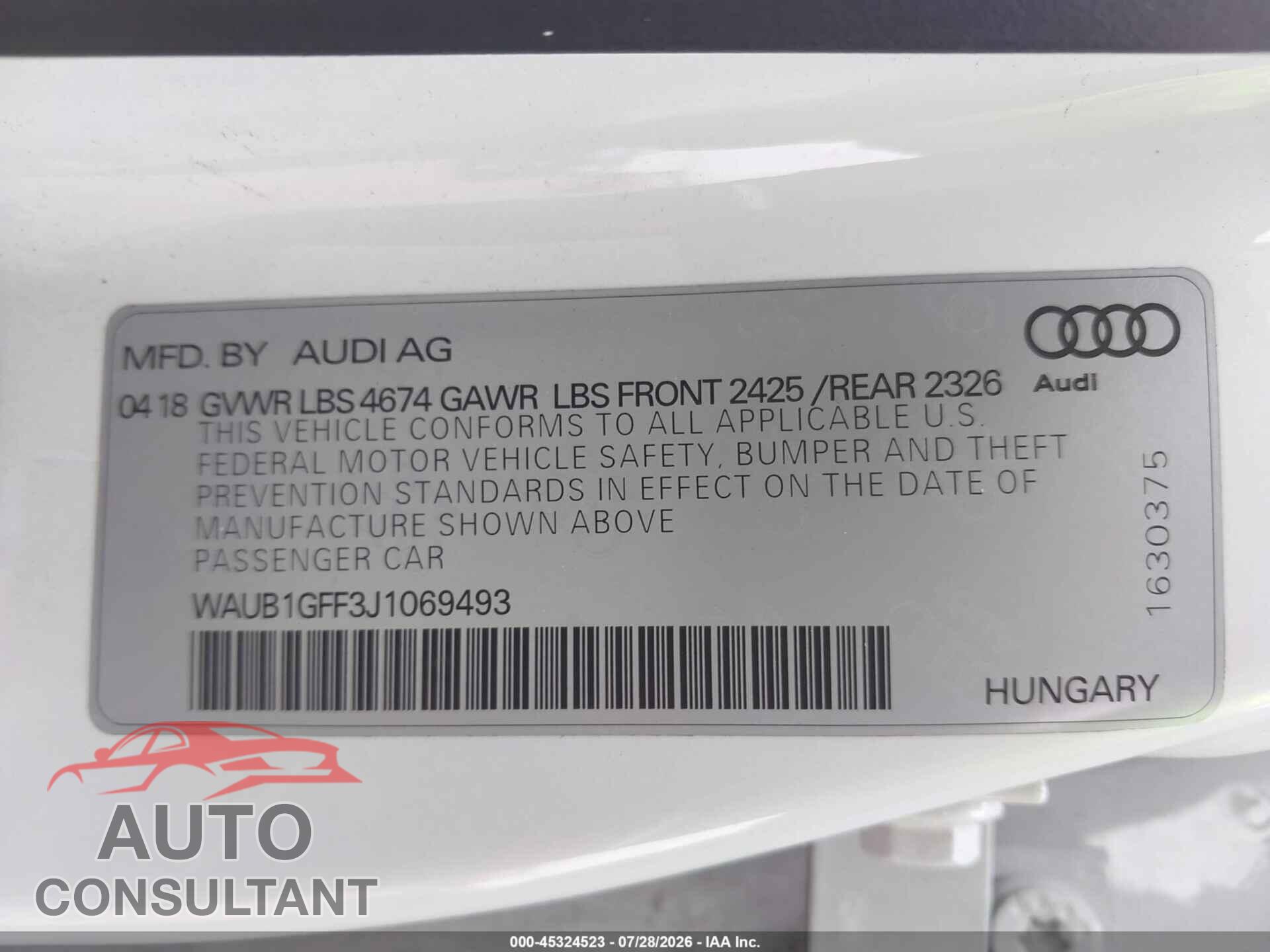AUDI S3 2018 - WAUB1GFF3J1069493