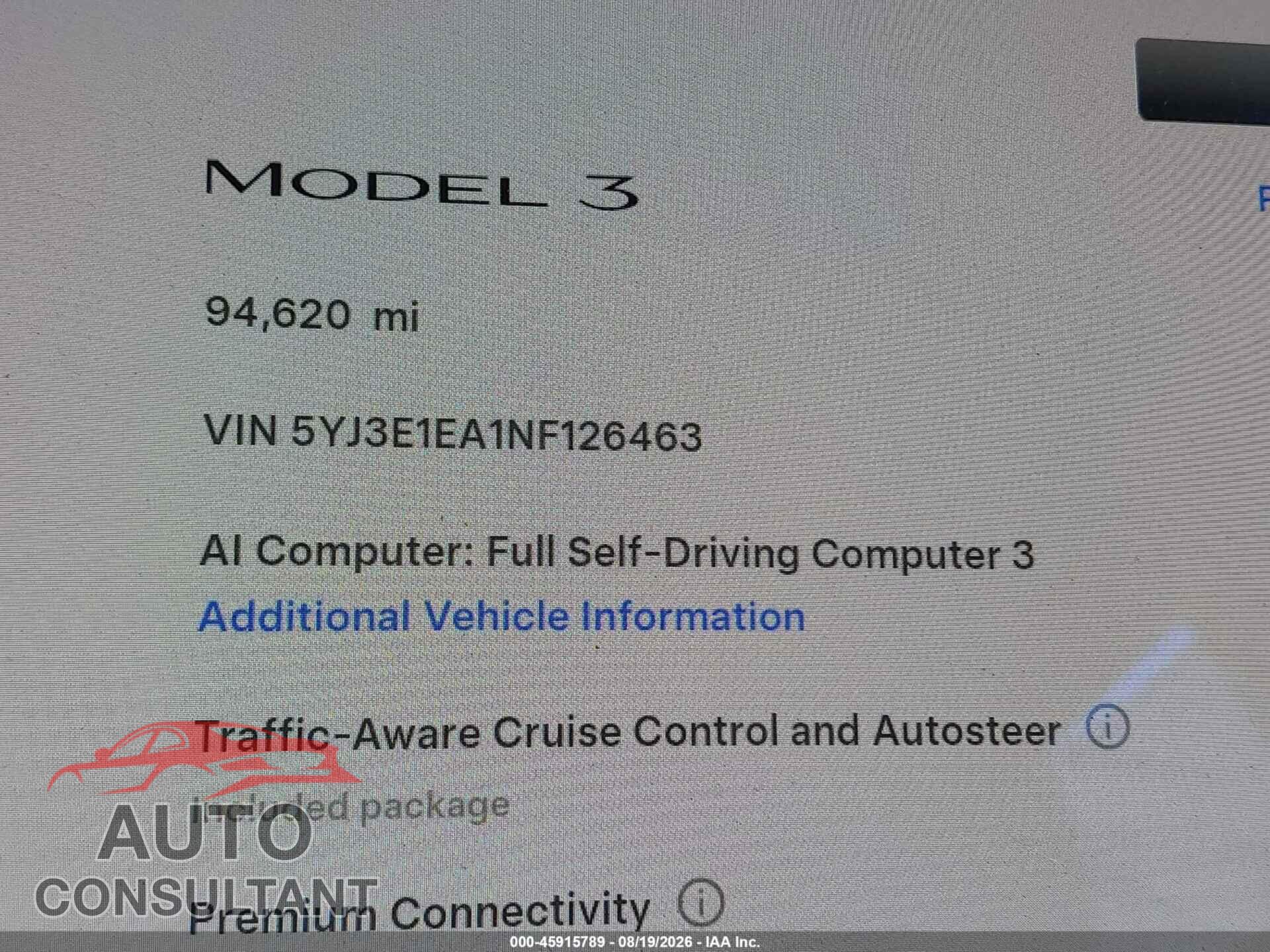 TESLA MODEL 3 2022 - 5YJ3E1EA1NF126463