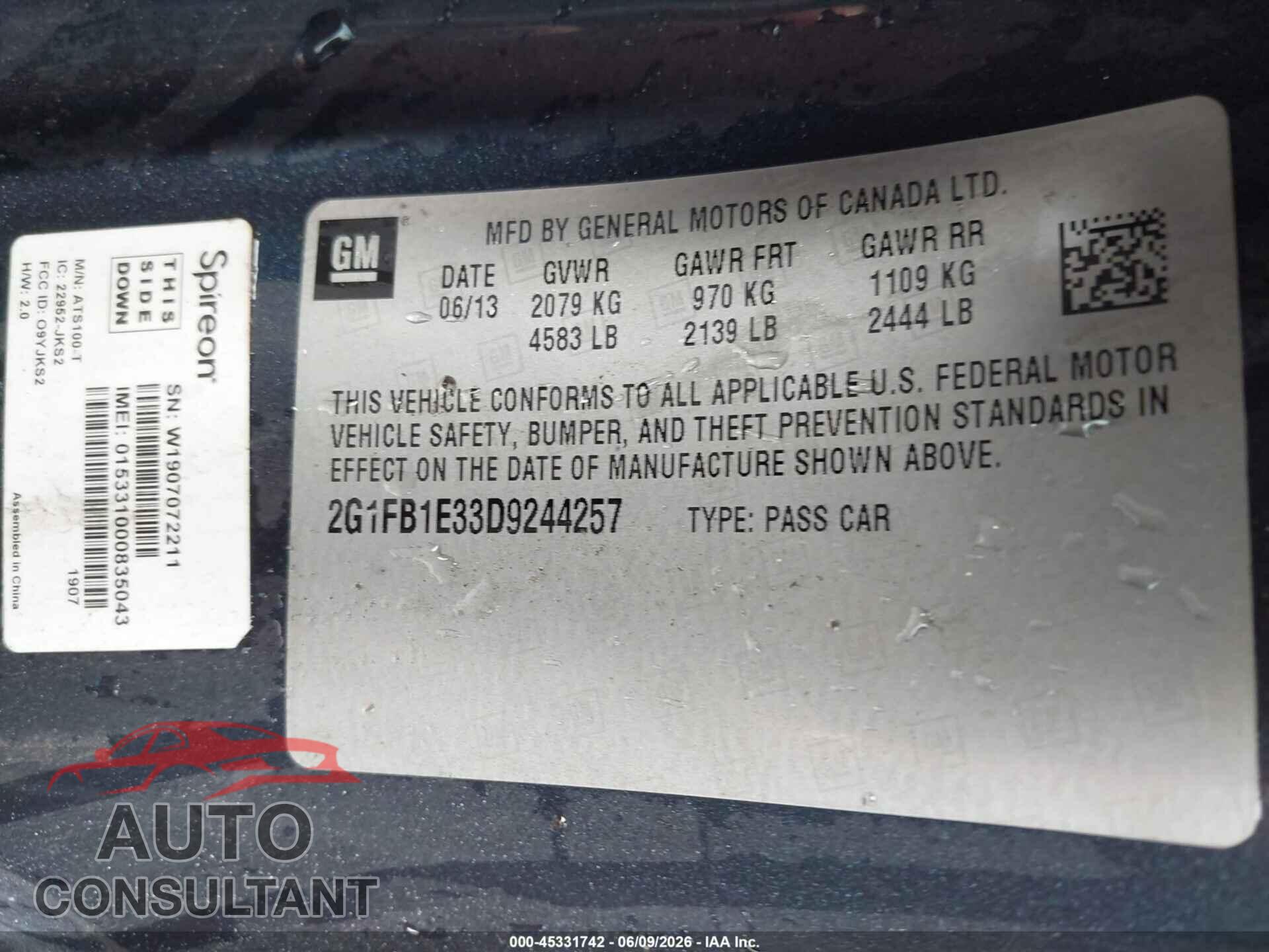 CHEVROLET CAMARO 2013 - 2G1FB1E33D9244257