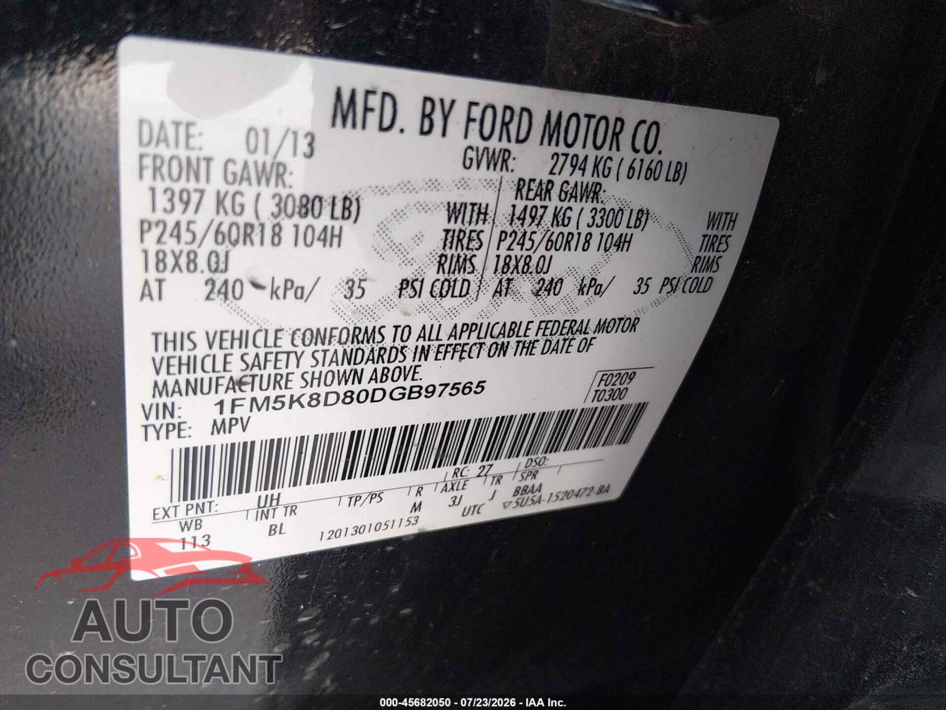 FORD EXPLORER 2013 - 1FM5K8D80DGB97565