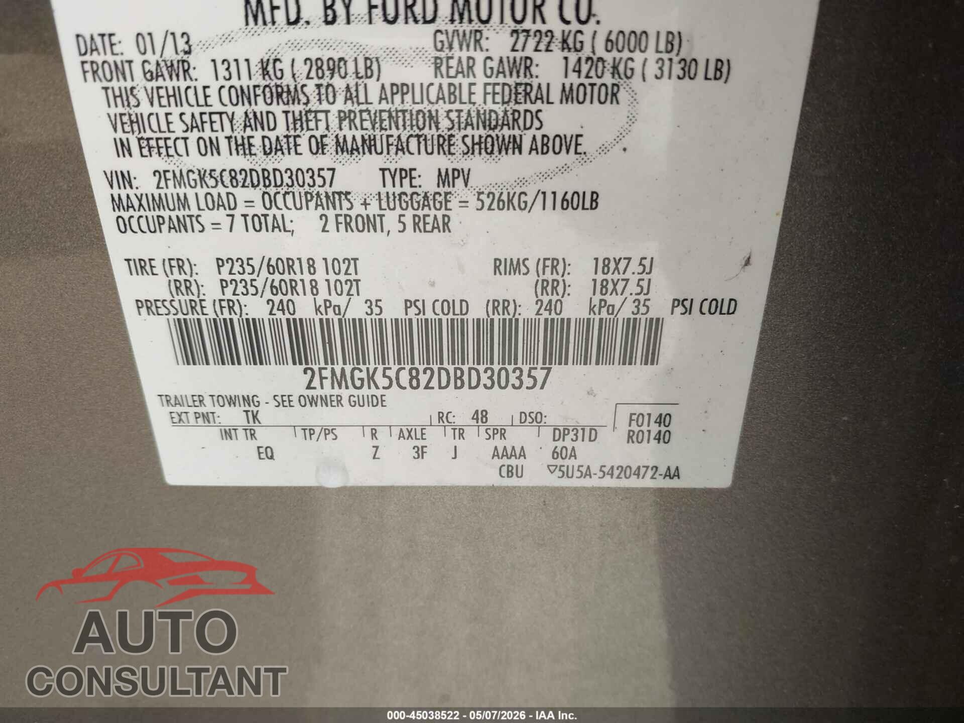 FORD FLEX 2013 - 2FMGK5C82DBD30357