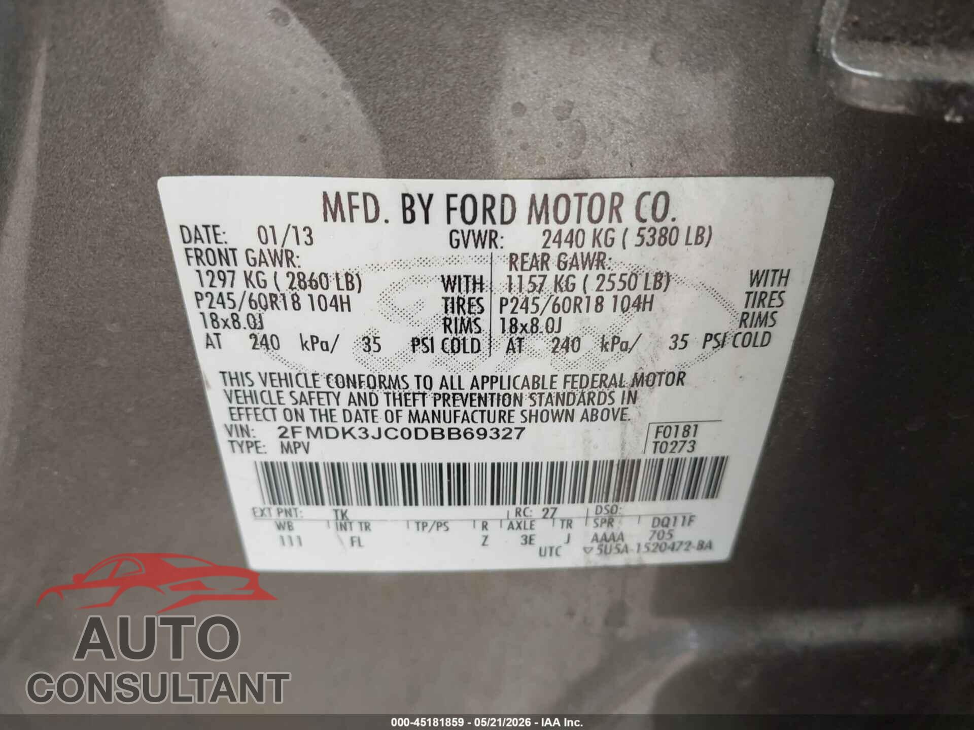 FORD EDGE 2013 - 2FMDK3JC0DBB69327