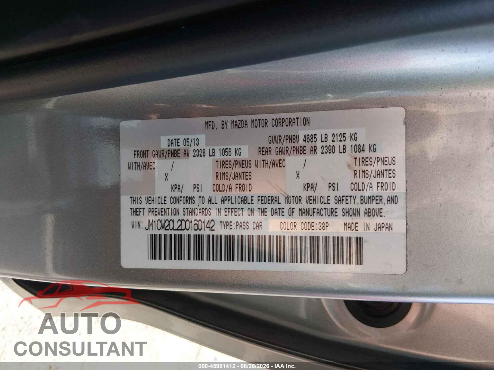 MAZDA MAZDA5 2013 - JM1CW2CL2D0160142