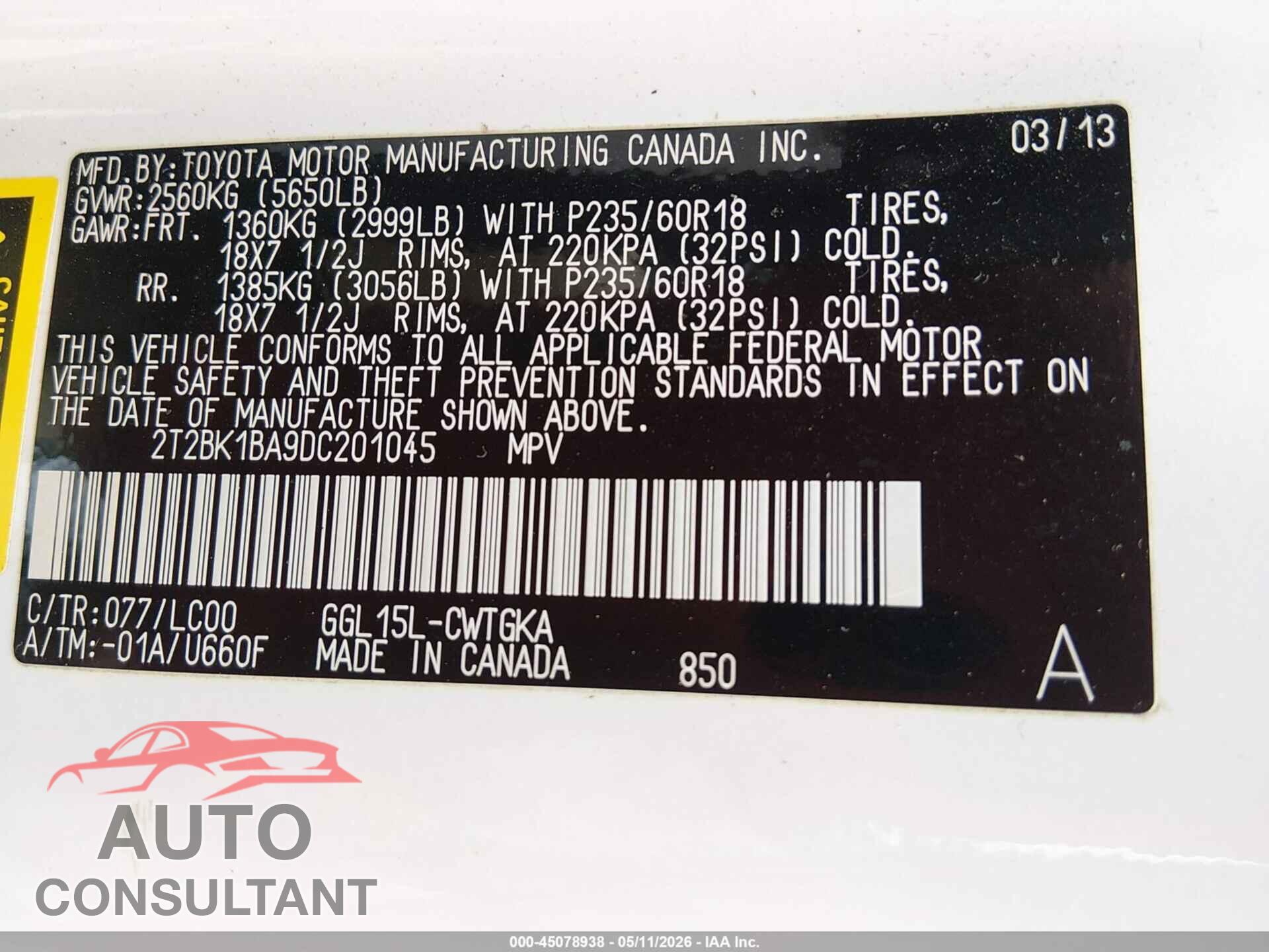 LEXUS RX 350 2013 - 2T2BK1BA9DC201045
