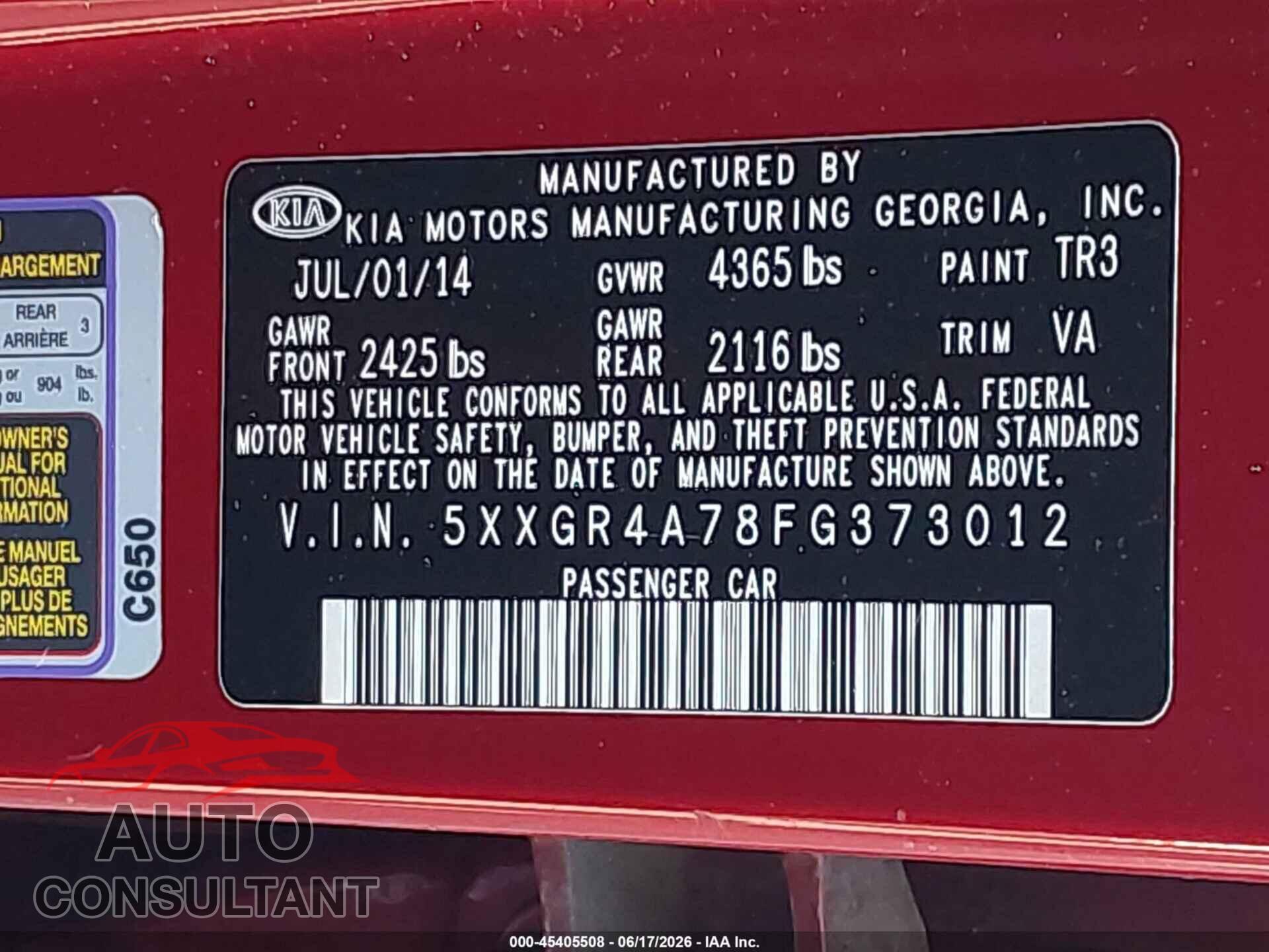 KIA OPTIMA 2015 - 5XXGR4A78FG373012