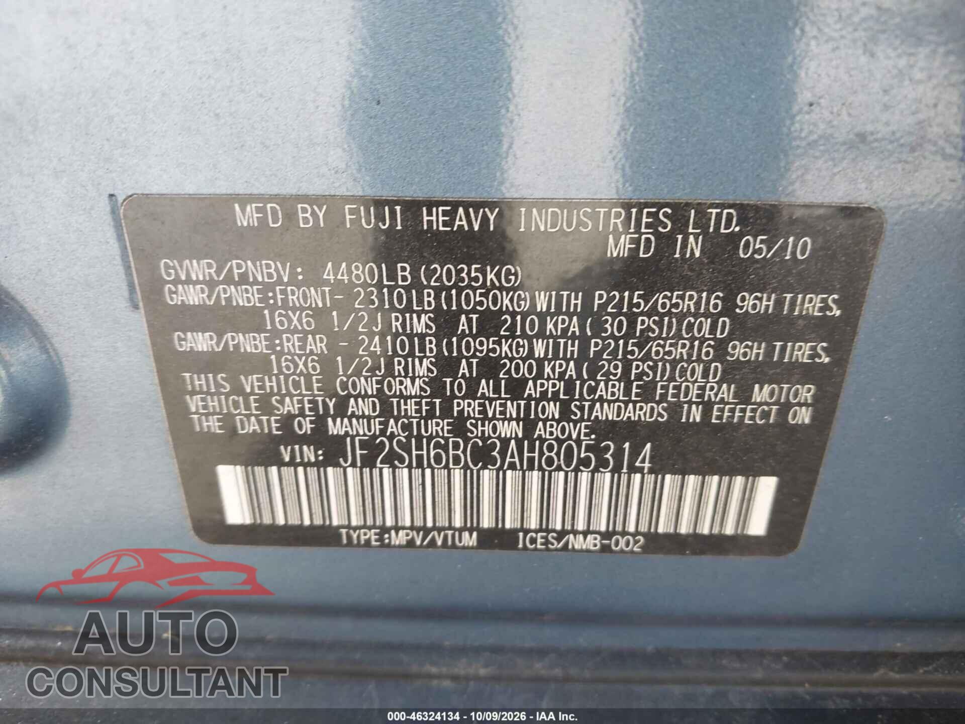SUBARU FORESTER 2010 - JF2SH6BC3AH805314