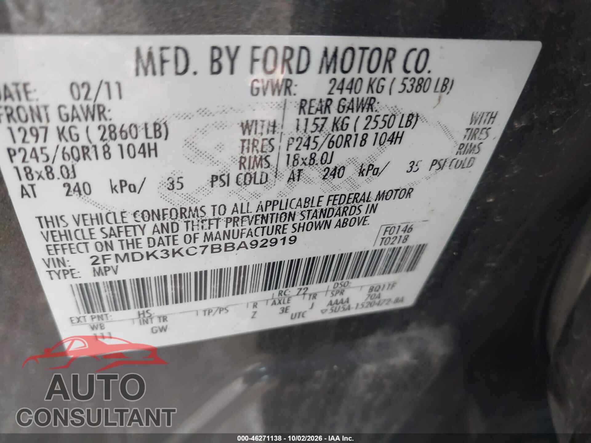 FORD EDGE 2011 - 2FMDK3KC7BBA92919