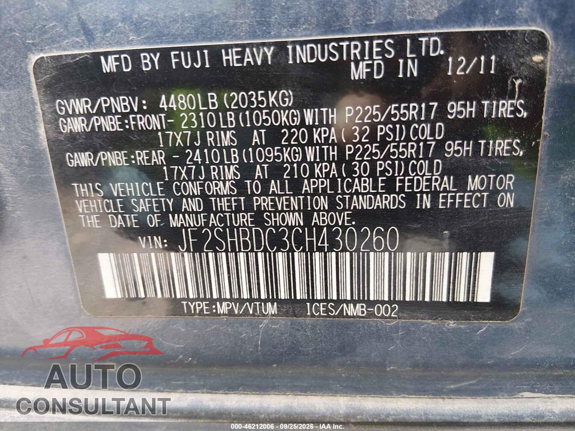 SUBARU FORESTER 2012 - JF2SHBDC3CH430260
