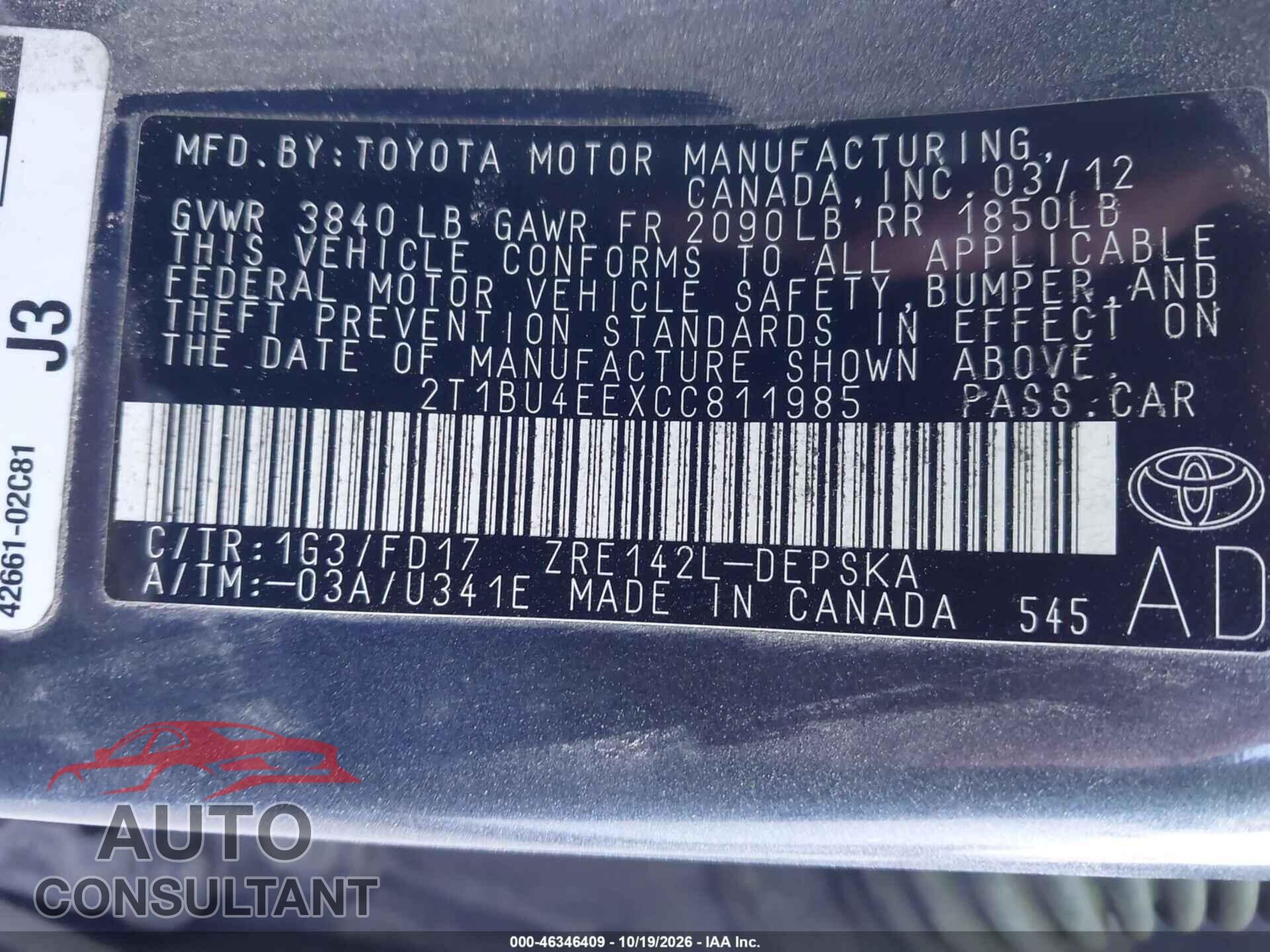 TOYOTA COROLLA 2012 - 2T1BU4EEXCC811985