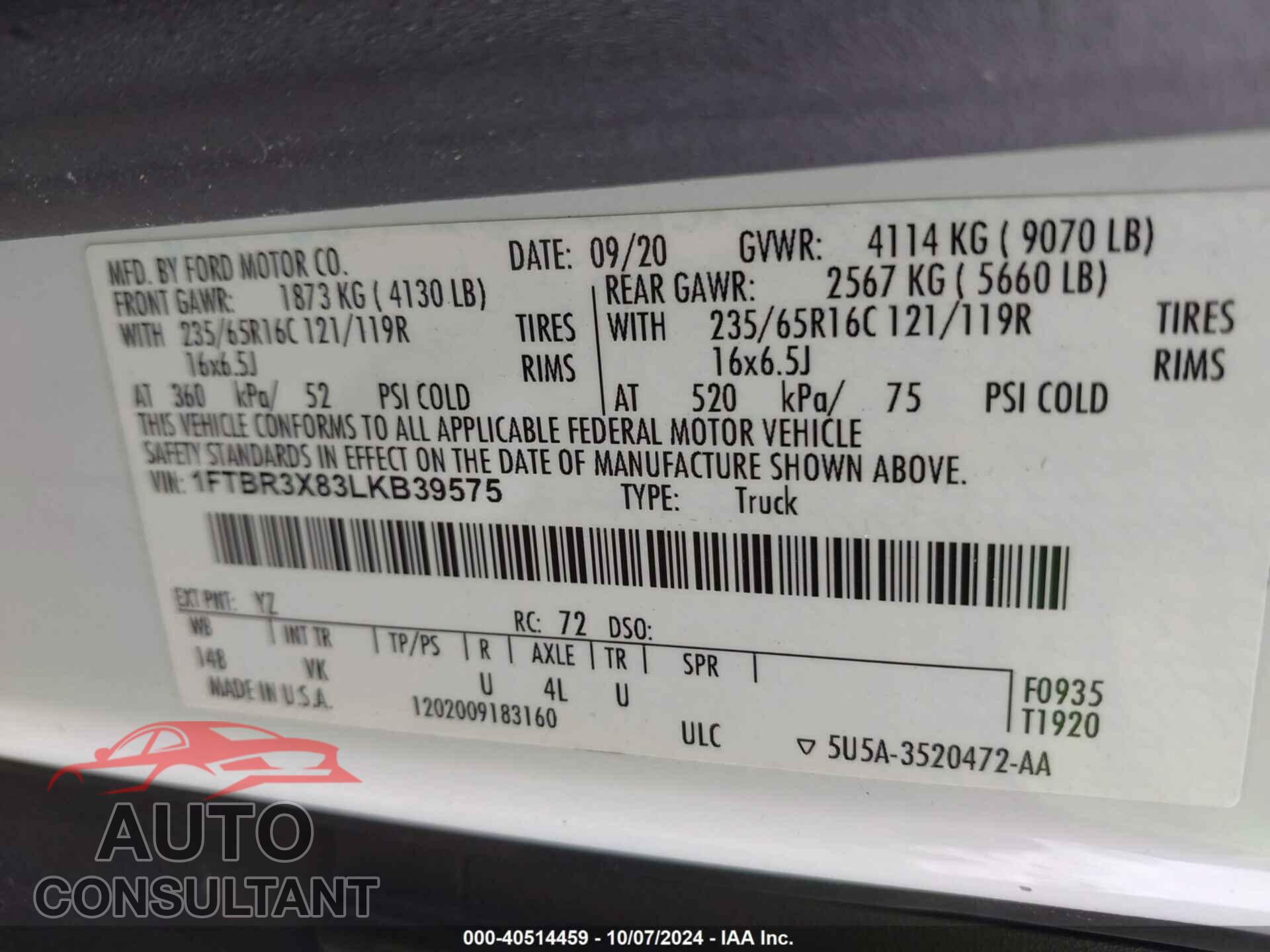 FORD TRANSIT 2020 - 1FTBR3X83LKB39575