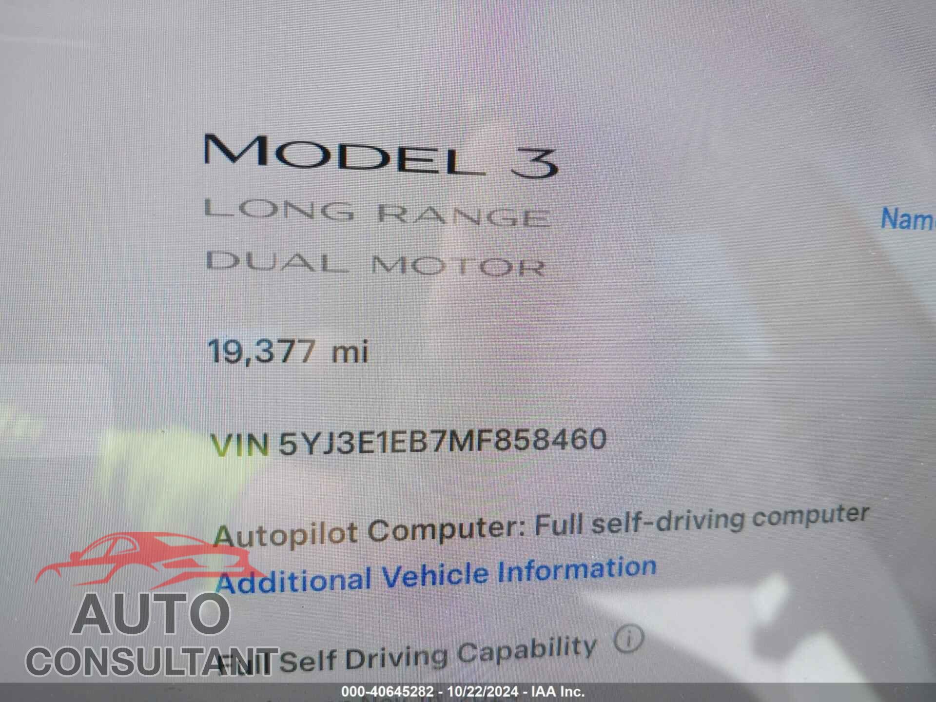 TESLA MODEL 3 2021 - 5YJ3E1EB7MF858460