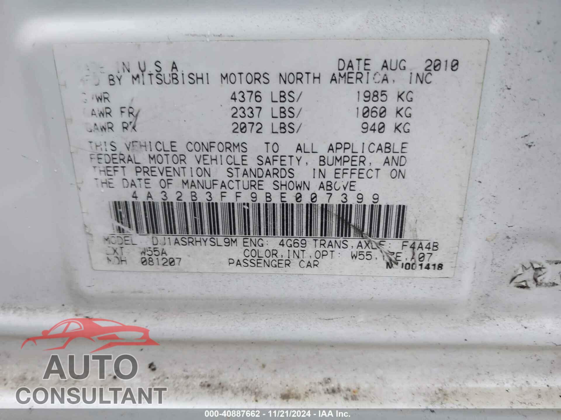 MITSUBISHI GALANT 2011 - 4A32B3FF9BE007399
