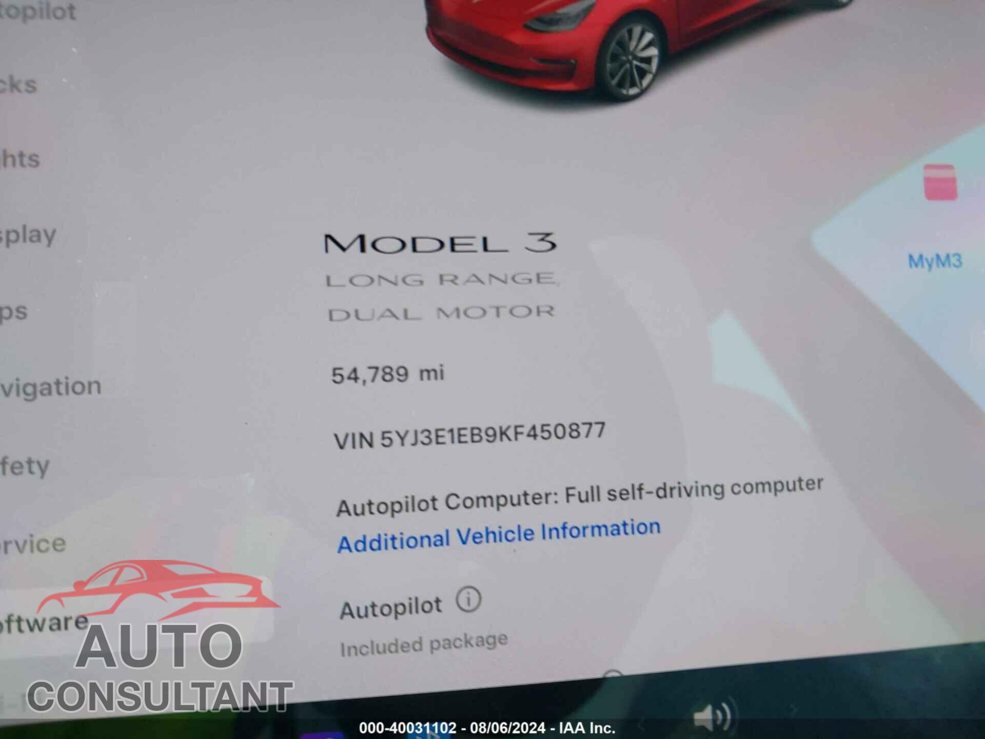 TESLA MODEL 3 2019 - 5YJ3E1EB9KF450877