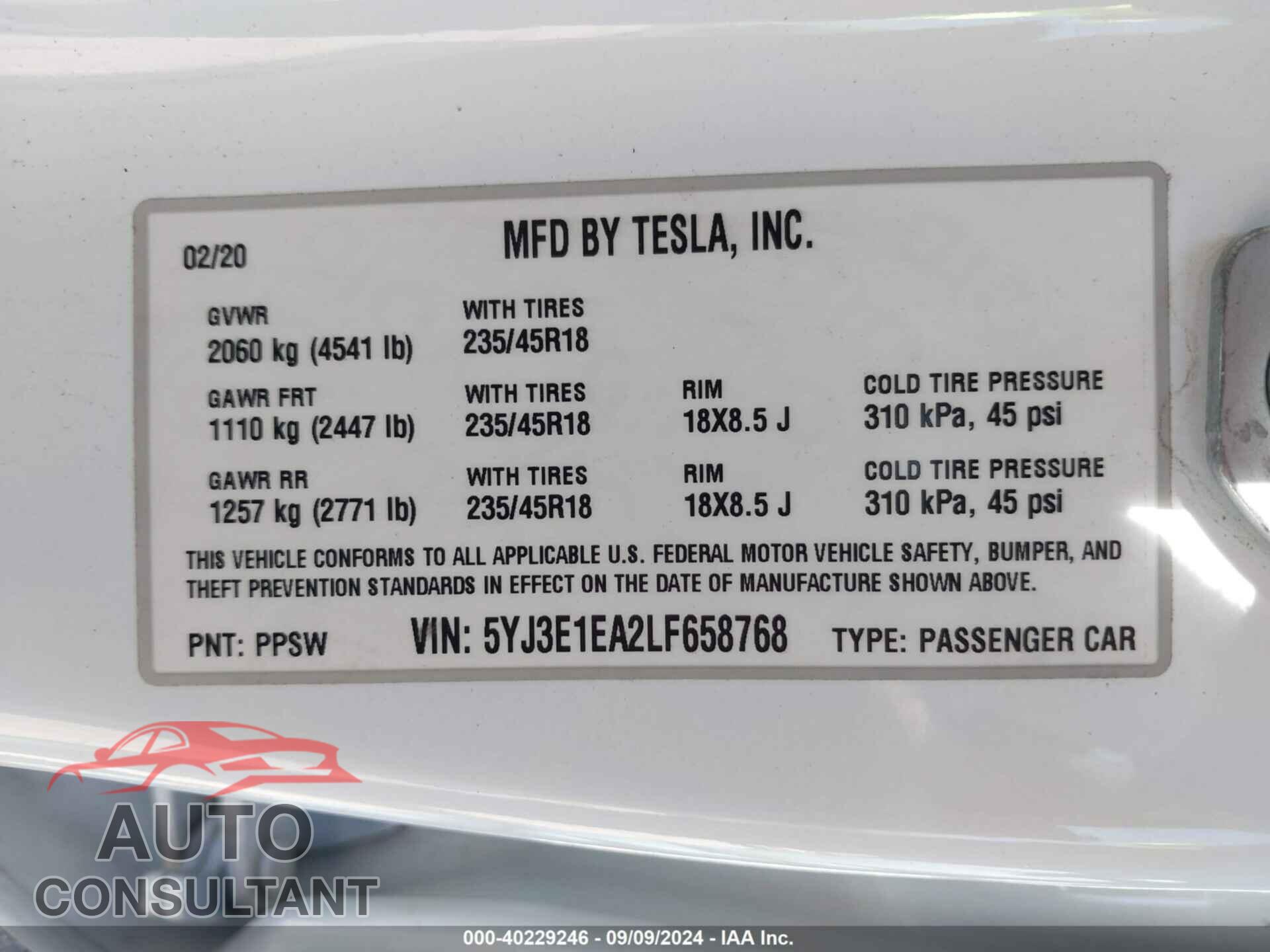 TESLA MODEL 3 2020 - 5YJ3E1EA2LF658768
