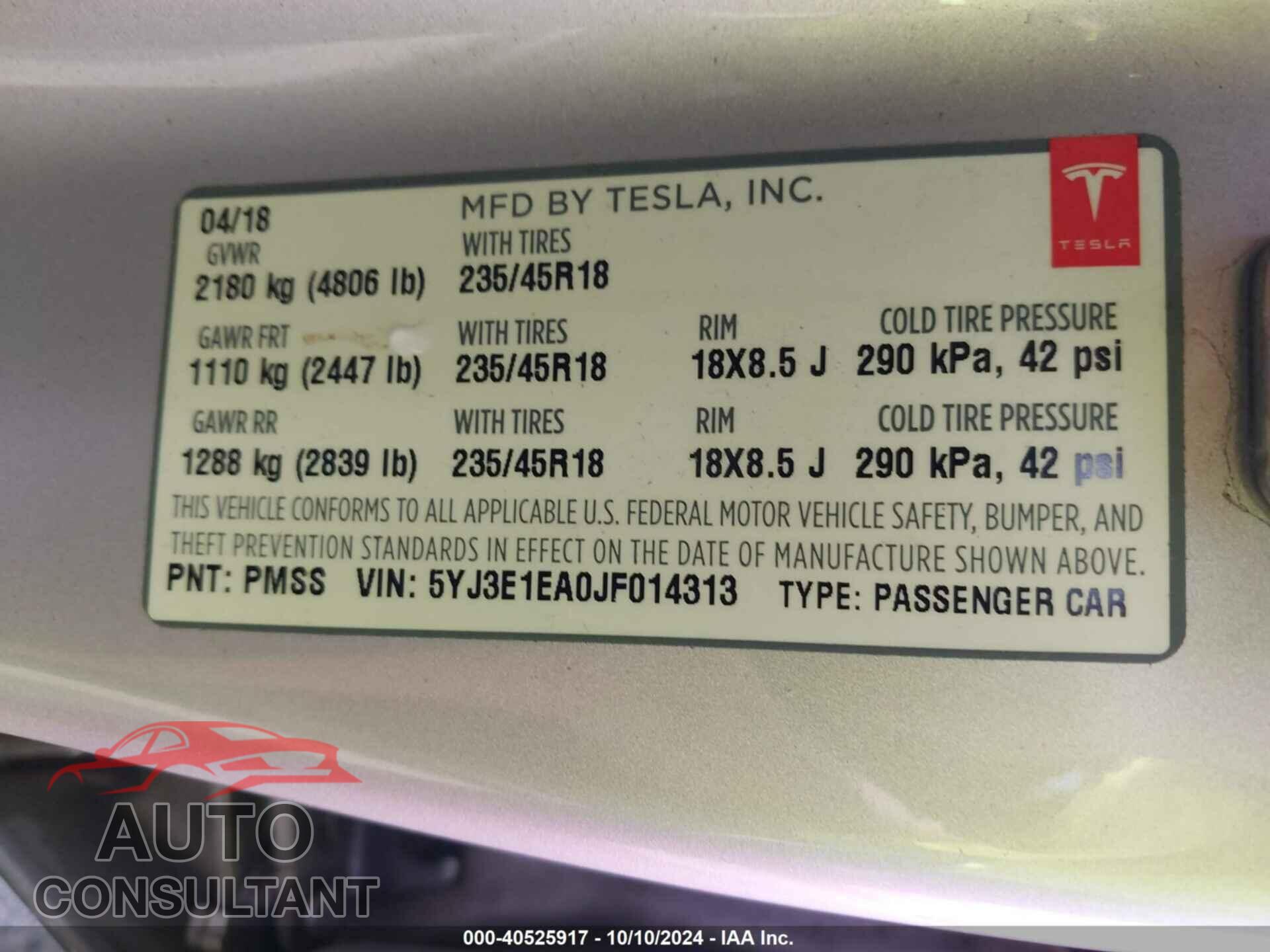TESLA MODEL 3 2018 - 5YJ3E1EA0JF014313