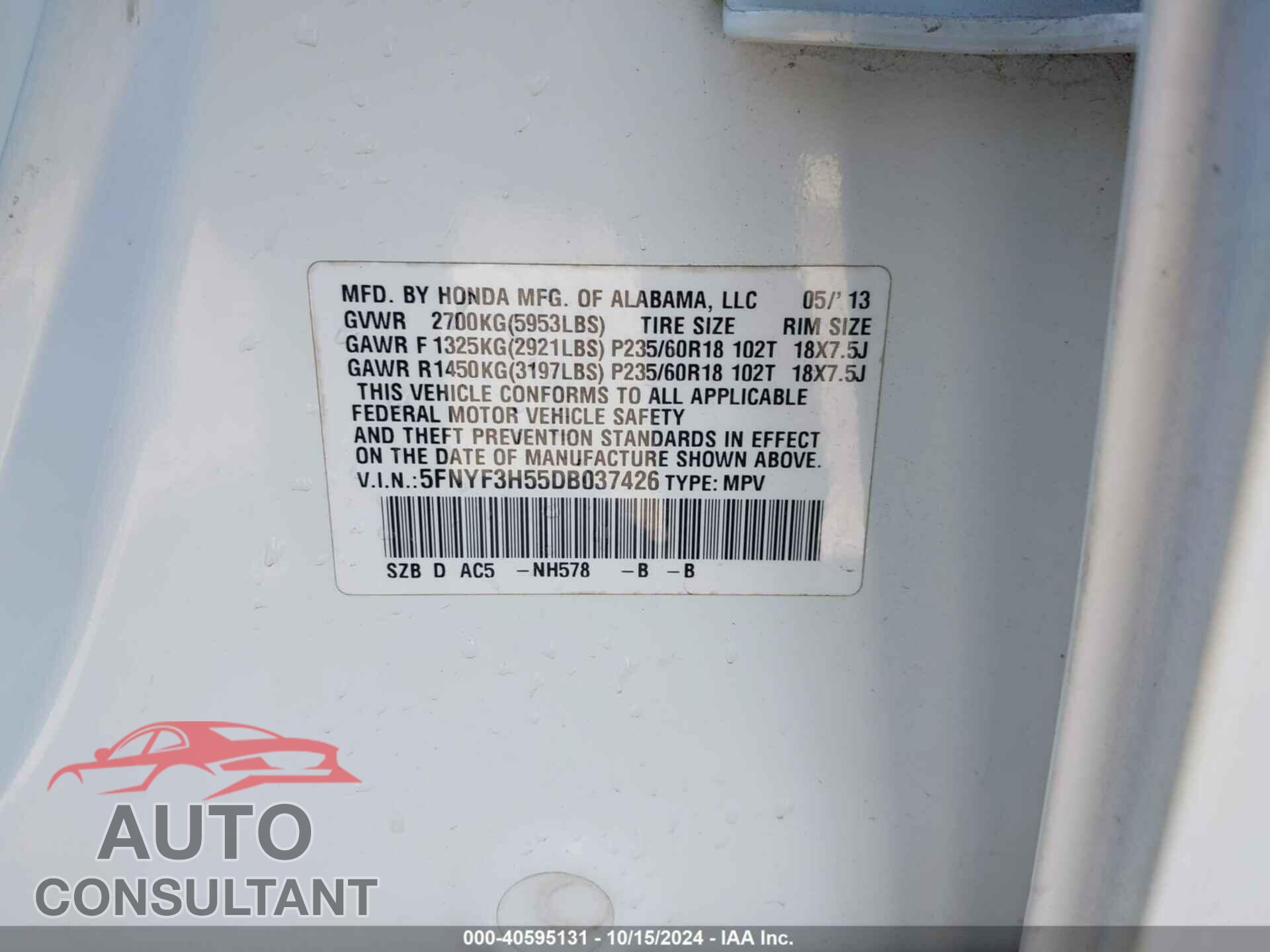 HONDA PILOT 2013 - 5FNYF3H55DB037426