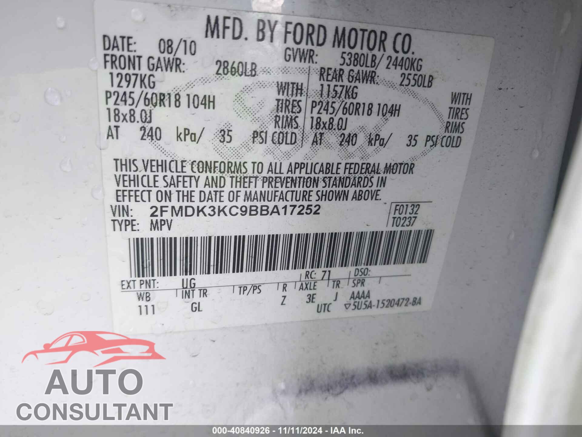 FORD EDGE 2011 - 2FMDK3KC9BBA17252