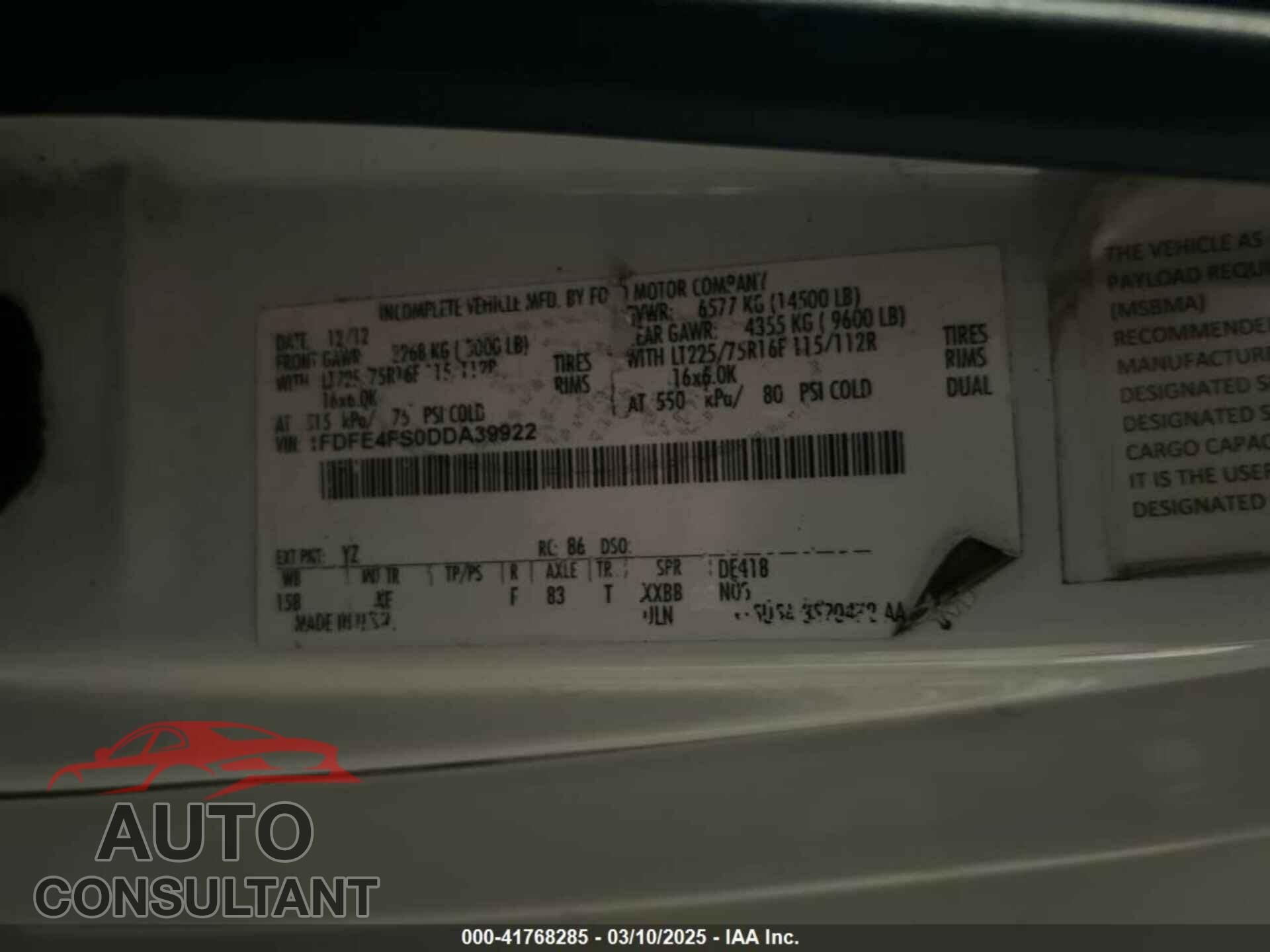 FORD E-450 CUTAWAY 2013 - 1FDFE4FS0DDA39922