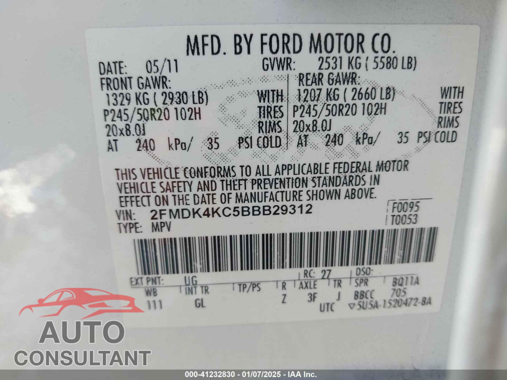 FORD EDGE 2011 - 2FMDK4KC5BBB29312