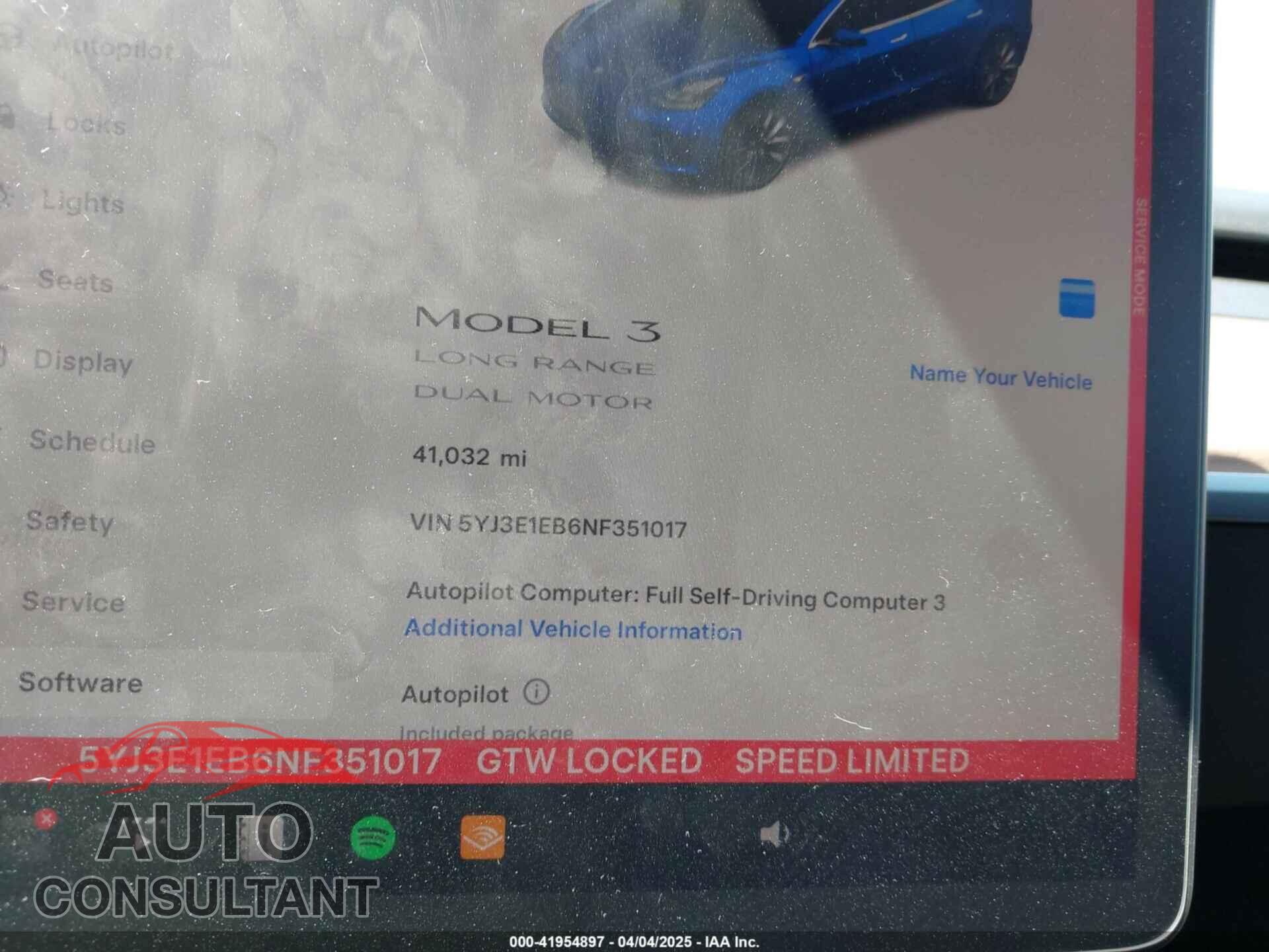 TESLA MODEL 3 2022 - 5YJ3E1EB6NF351017