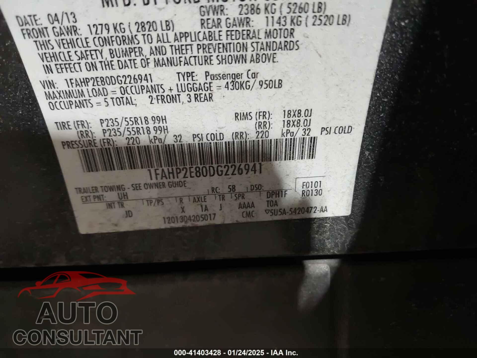 FORD TAURUS 2013 - 1FAHP2E80DG226941
