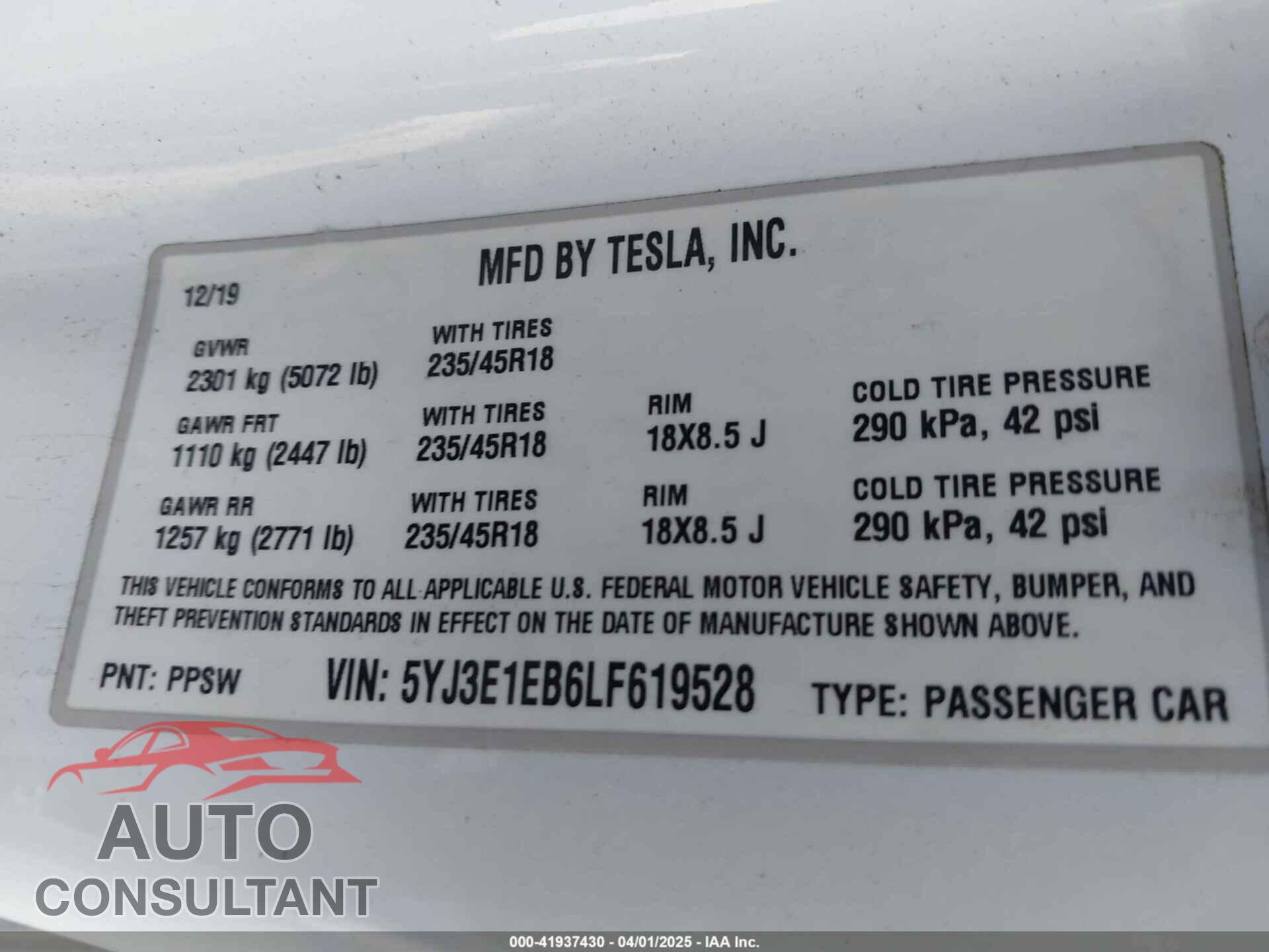 TESLA MODEL 3 2020 - 5YJ3E1EB6LF619528
