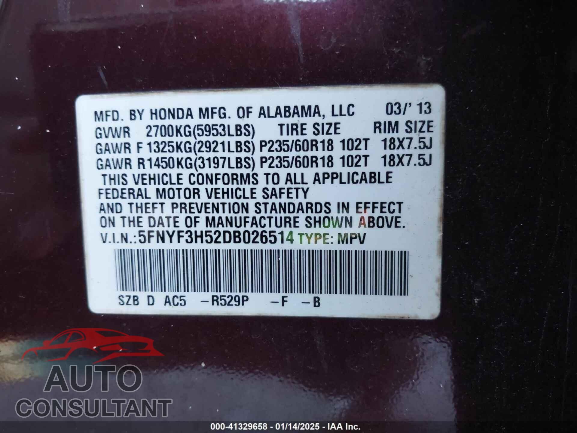 HONDA PILOT 2013 - 5FNYF3H52DB026514
