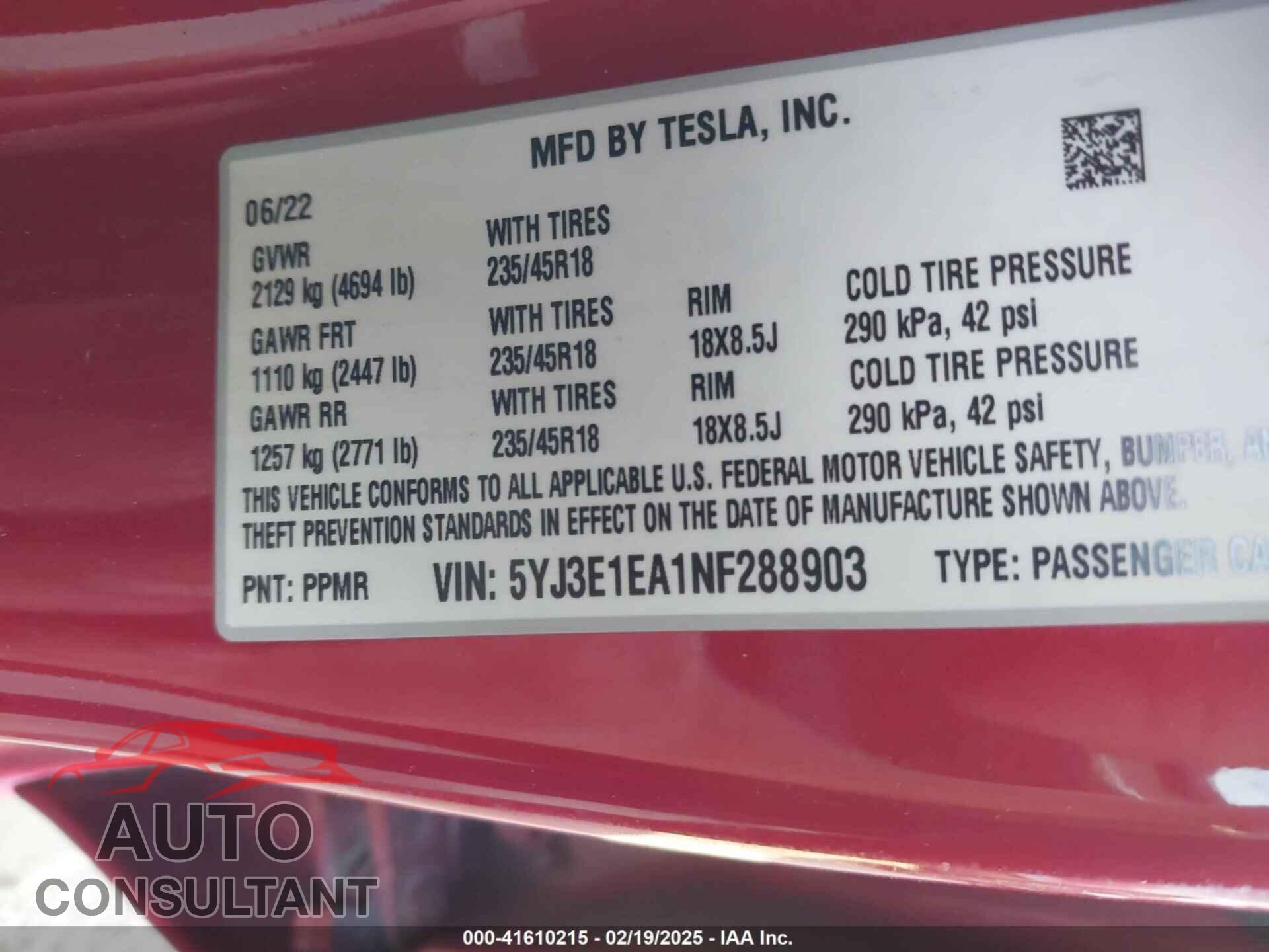 TESLA MODEL 3 2022 - 5YJ3E1EA1NF288903