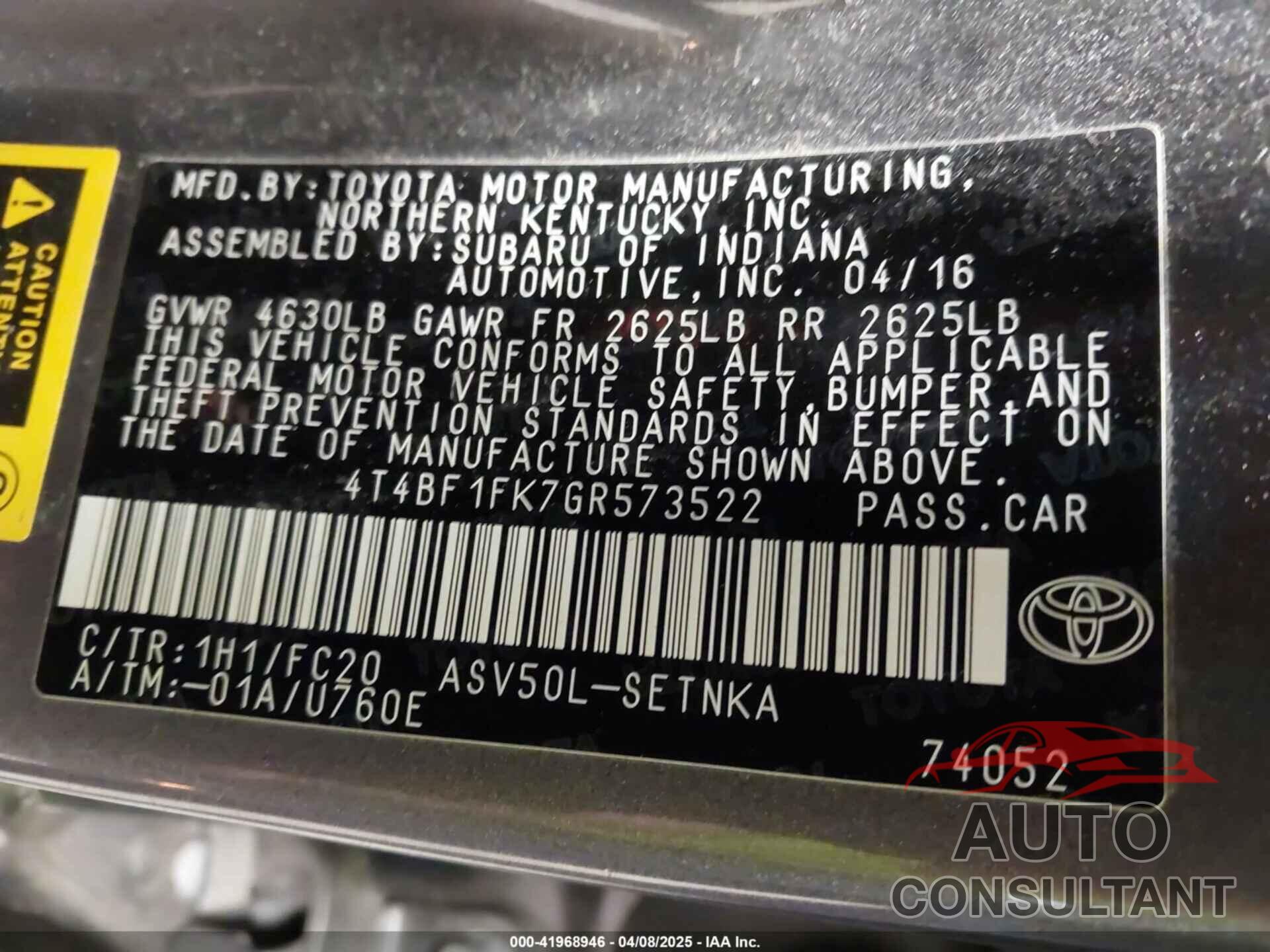 TOYOTA CAMRY 2016 - 4T4BF1FK7GR573522