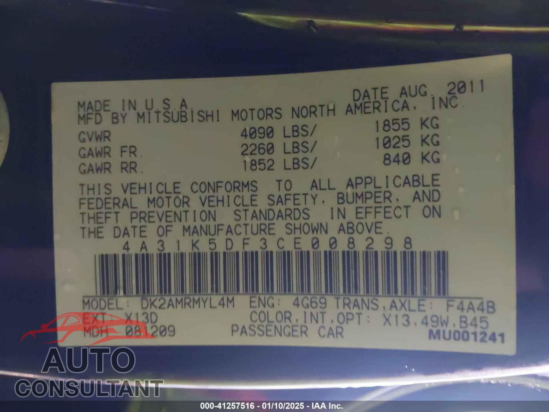 MITSUBISHI ECLIPSE 2012 - 4A31K5DF3CE008298
