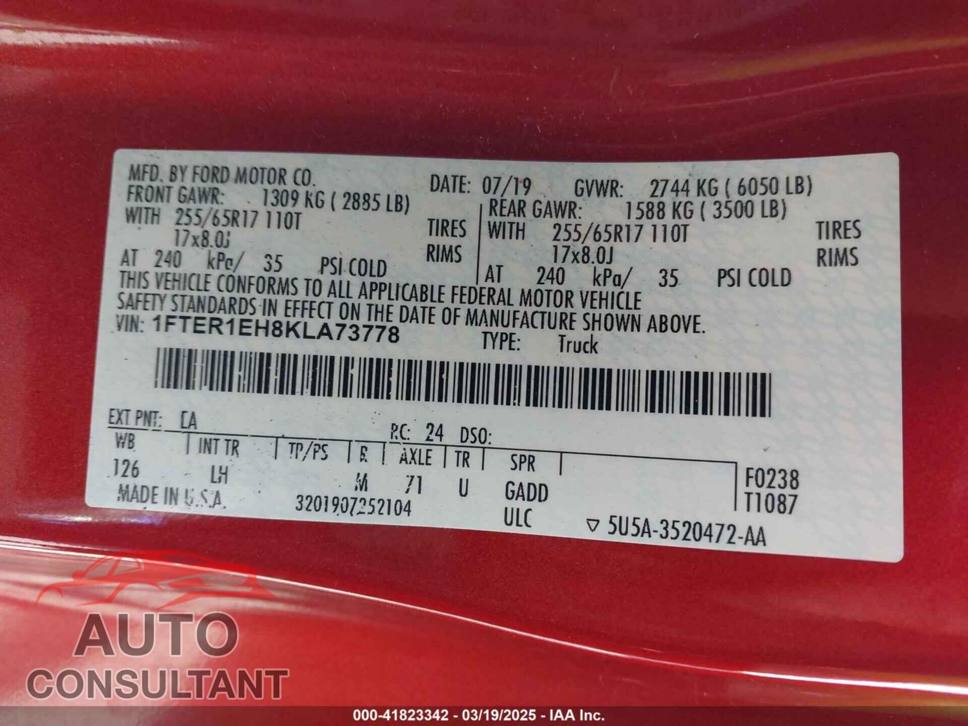 FORD RANGER 2019 - 1FTER1EH8KLA73778