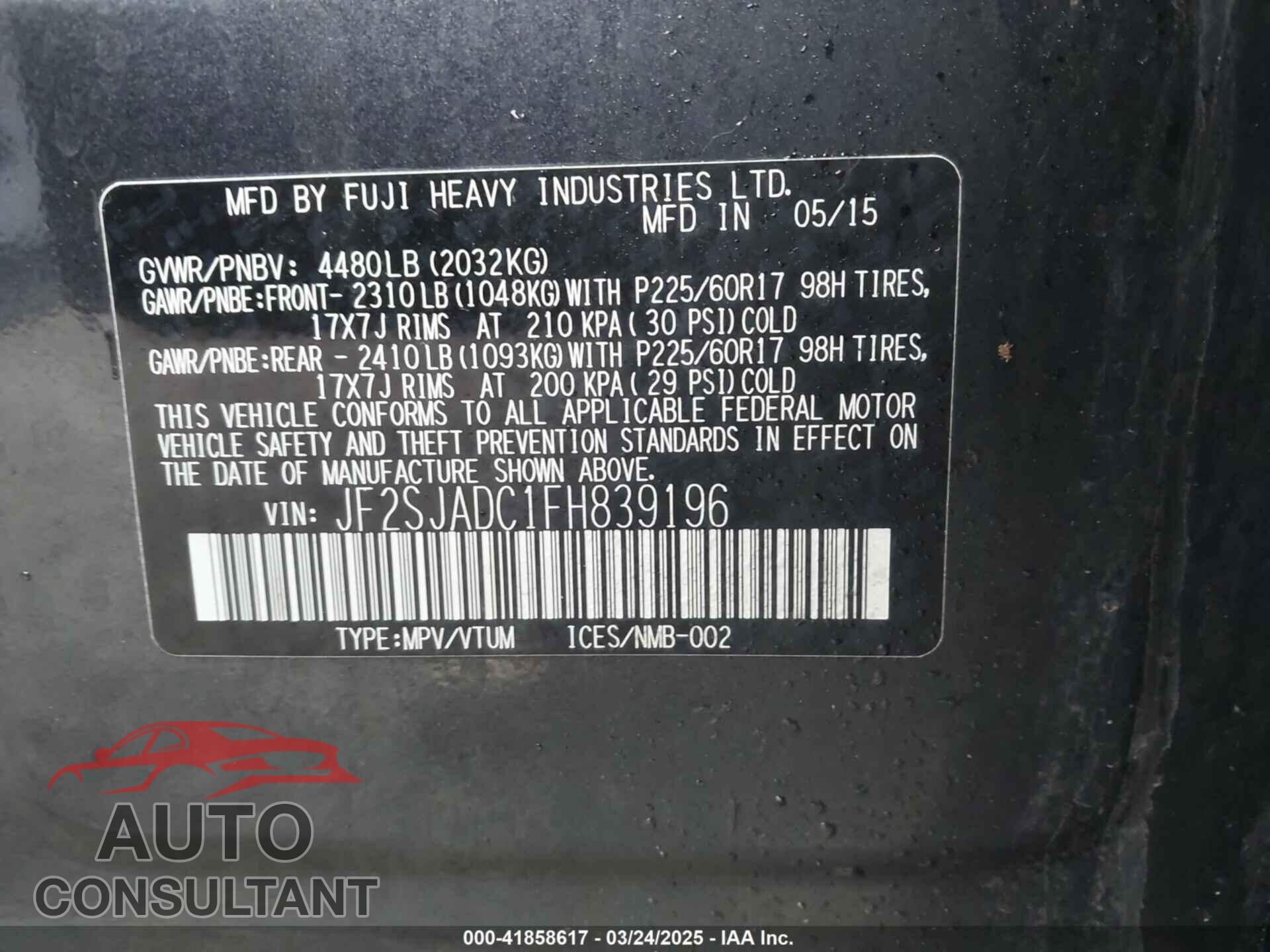 SUBARU FORESTER 2015 - JF2SJADC1FH839196