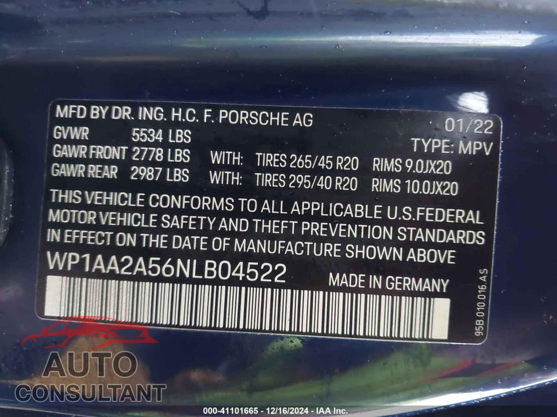 PORSCHE MACAN 2022 - WP1AA2A56NLB04522